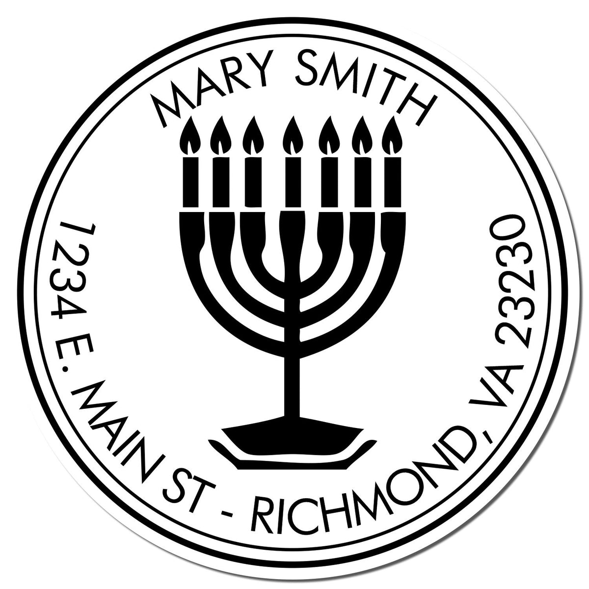 Black circular stamp seal with menorah, Mary Smith, and address 1234 E. Main St., Richmond, VA 23230