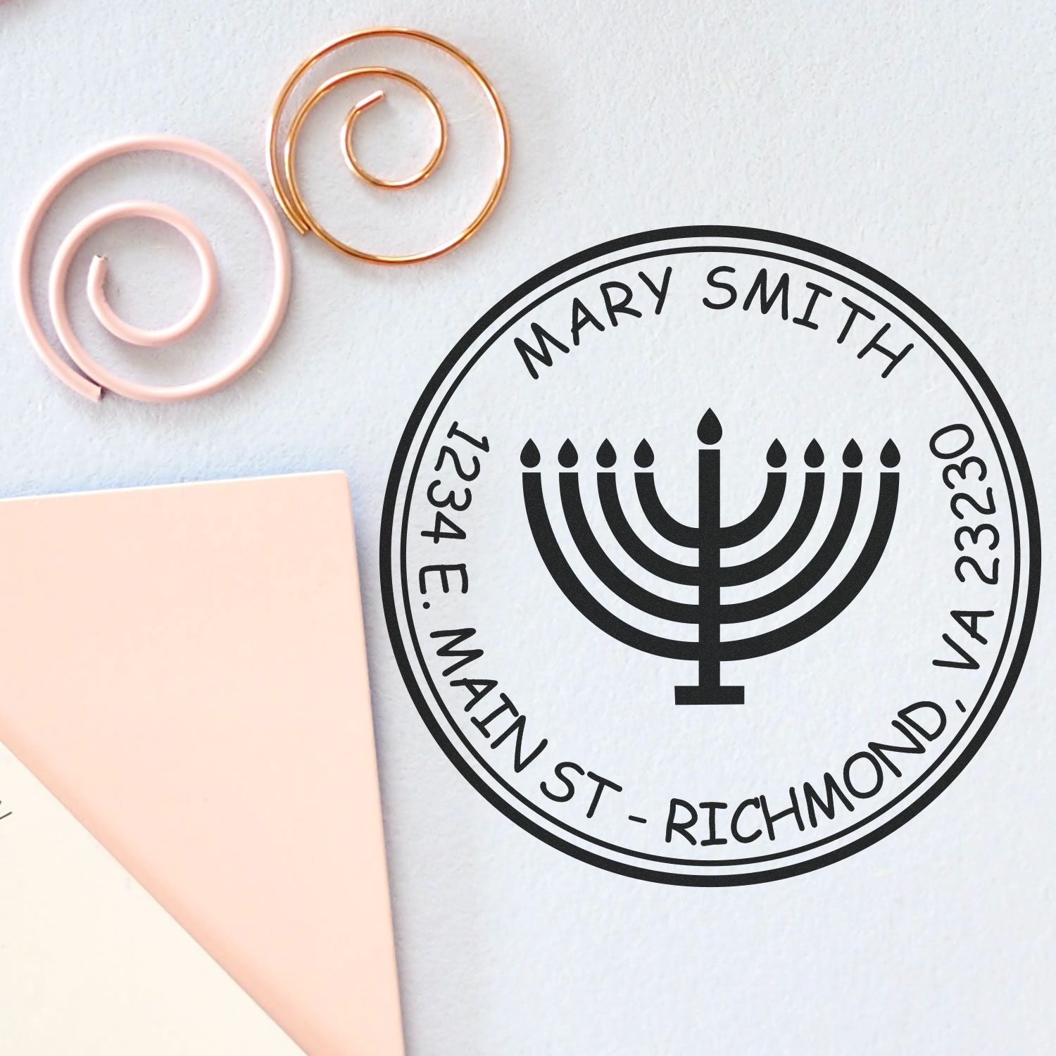 Portable Pre-Inked Sparkling Menorah Handcrafted Name And Address Stamper - Engineer Seal Stamps