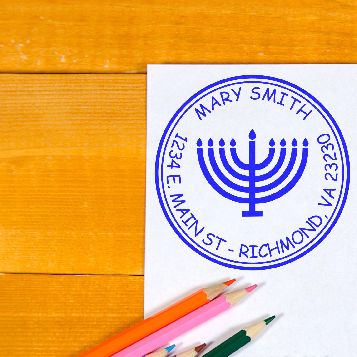 Portable Pre-Inked Sparkling Menorah Handcrafted Name And Address Stamper - Engineer Seal Stamps