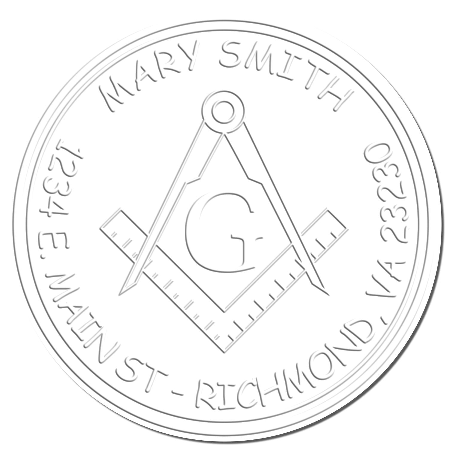 Gray circular custom stamp seal with Masonic compass and square, Mary Smith lettering, on white background.