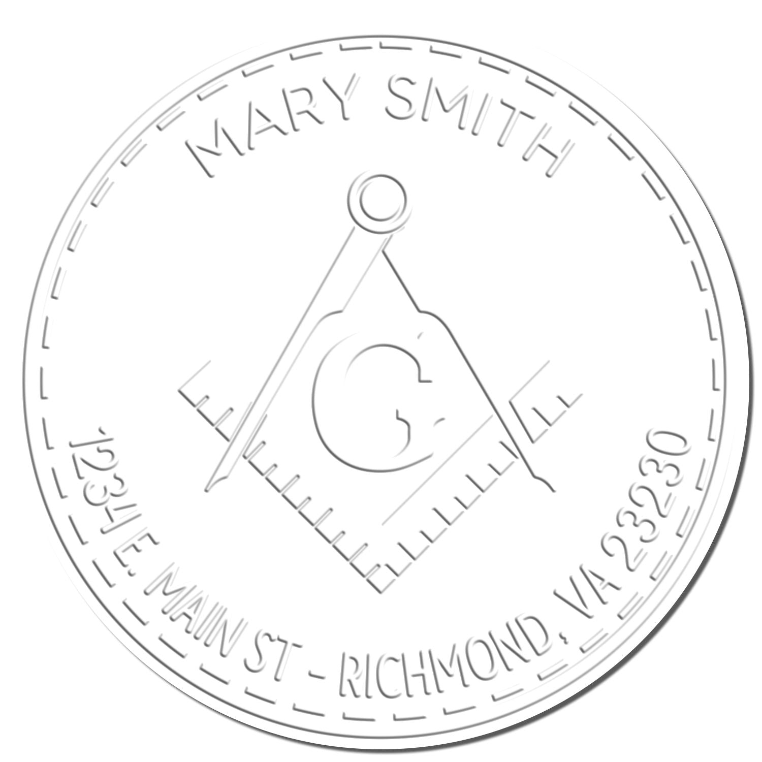 White embossed circular notary seal stamp for Mary Smith with name, address, and center emblem