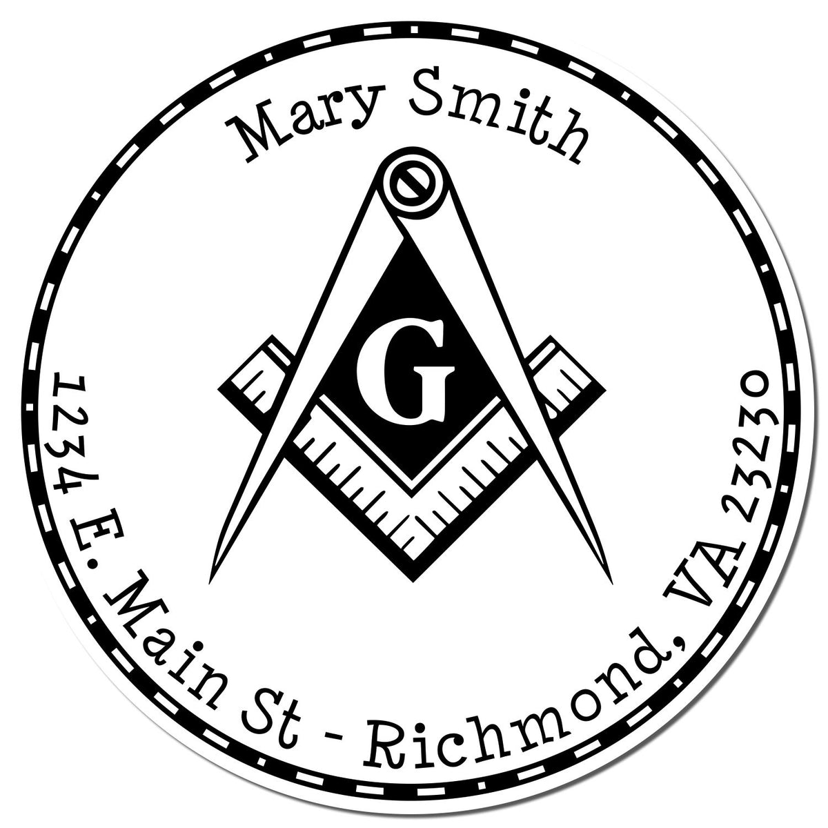 Black-and-white circular Masonic stamp seal for Mary Smith, with compass, G emblem, and Richmond, VA address text.
