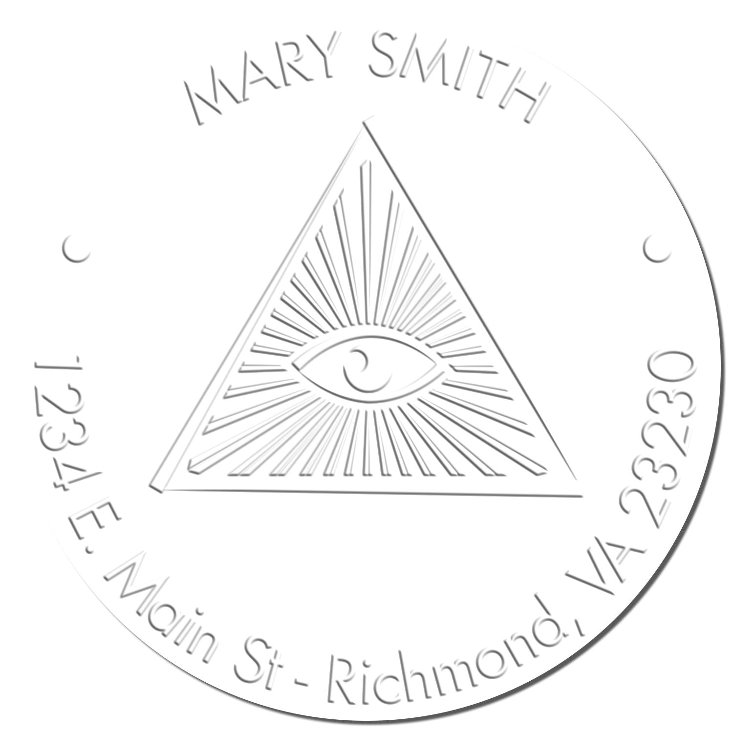 White embossed silver-gray notary seal stamp for Mary Smith, with triangle eye emblem and circular address text.