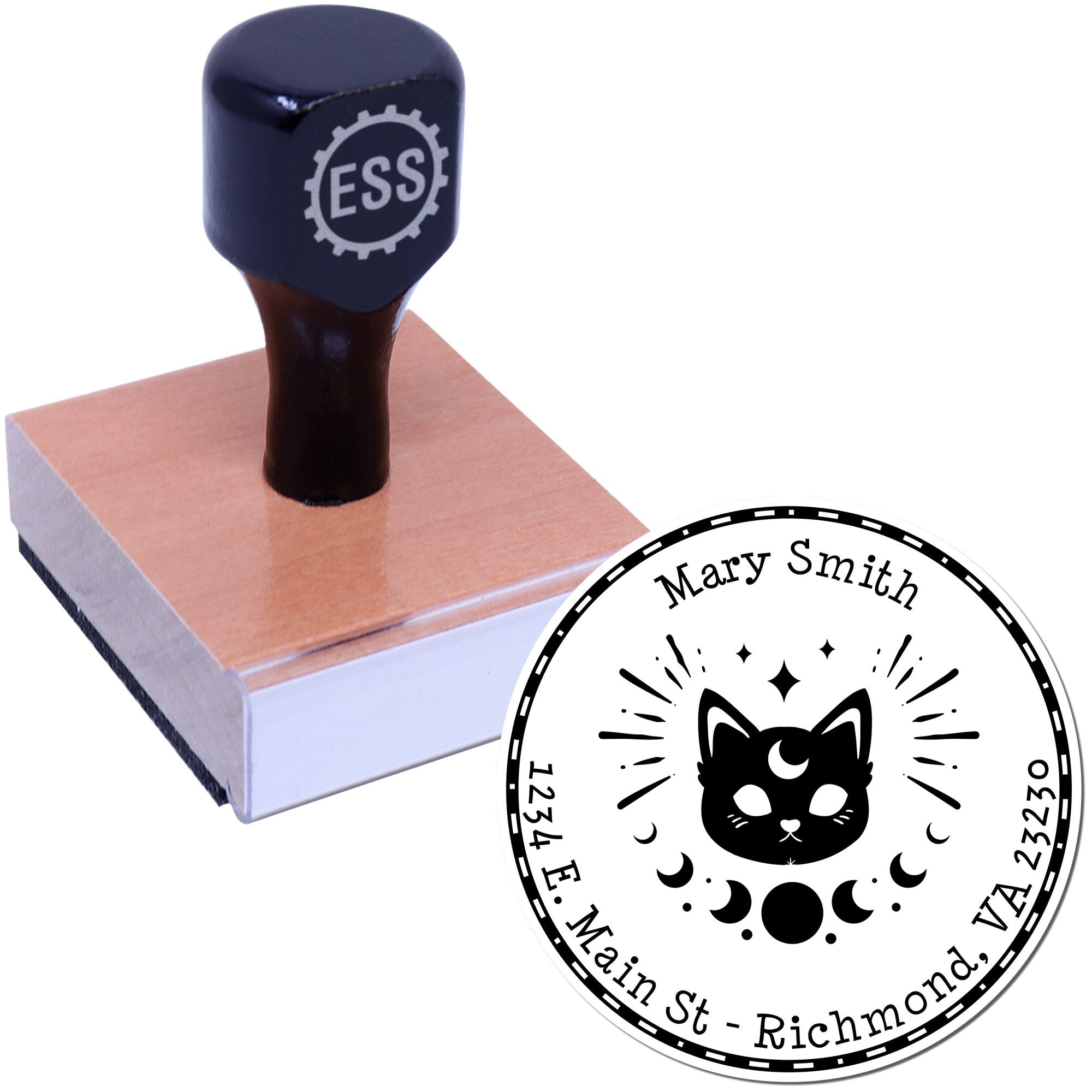 Wood Handle Mystical Cat Custom Address Stamp - Engineer Seal Stamps