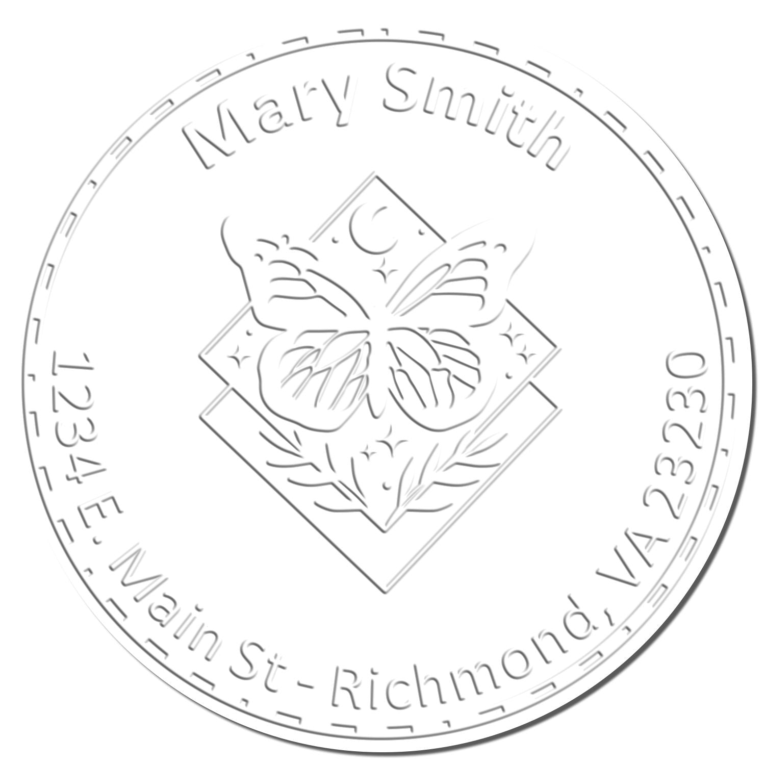 Silver circular embossing seal/stamp with butterfly and floral emblem, Mary Smith, Main St Richmond, VA 23230, 1234F
