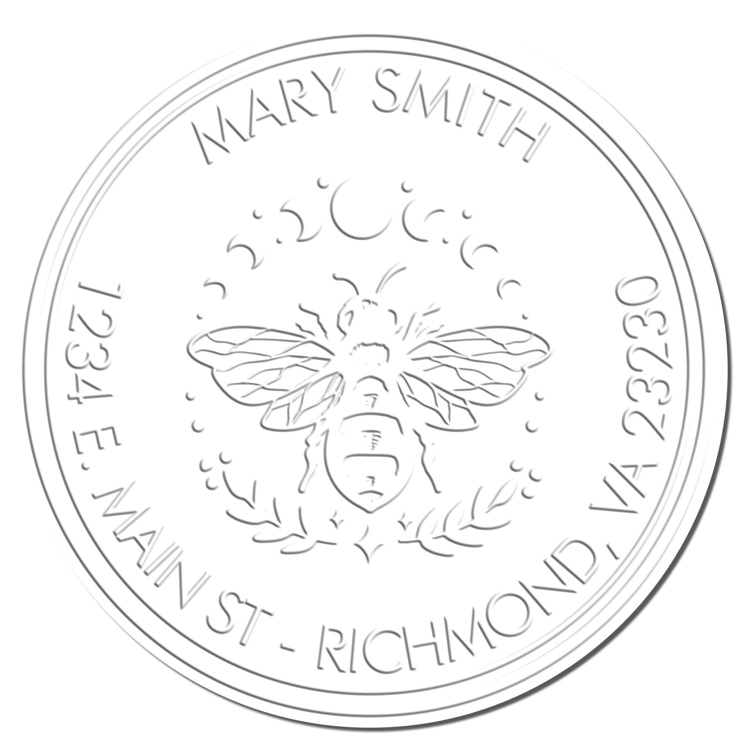 White embossed circular stamp seal for Mary Smith, with bee emblem and address text around the border.