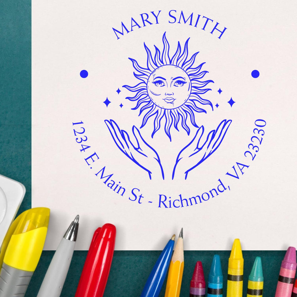 Blue custom stamp and seal with sun-and-hands logo, Mary Smith, and Richmond, VA address on white paper.