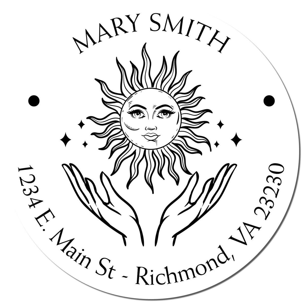 Round white stamp seal with black sun face above hands, personalized for Mary Smith, 1234 E. Main St., Richmond, VA 23230