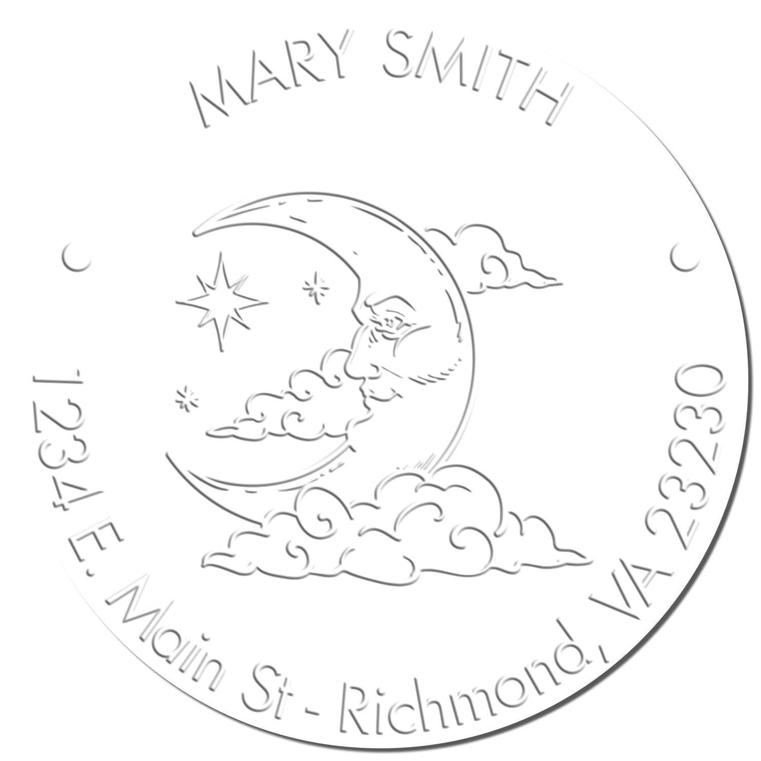 Close-up of Shiny Soft Alluring Moon Custom Envelope Embossing Stamp showing a detailed moon design for astrological envelope sealing.