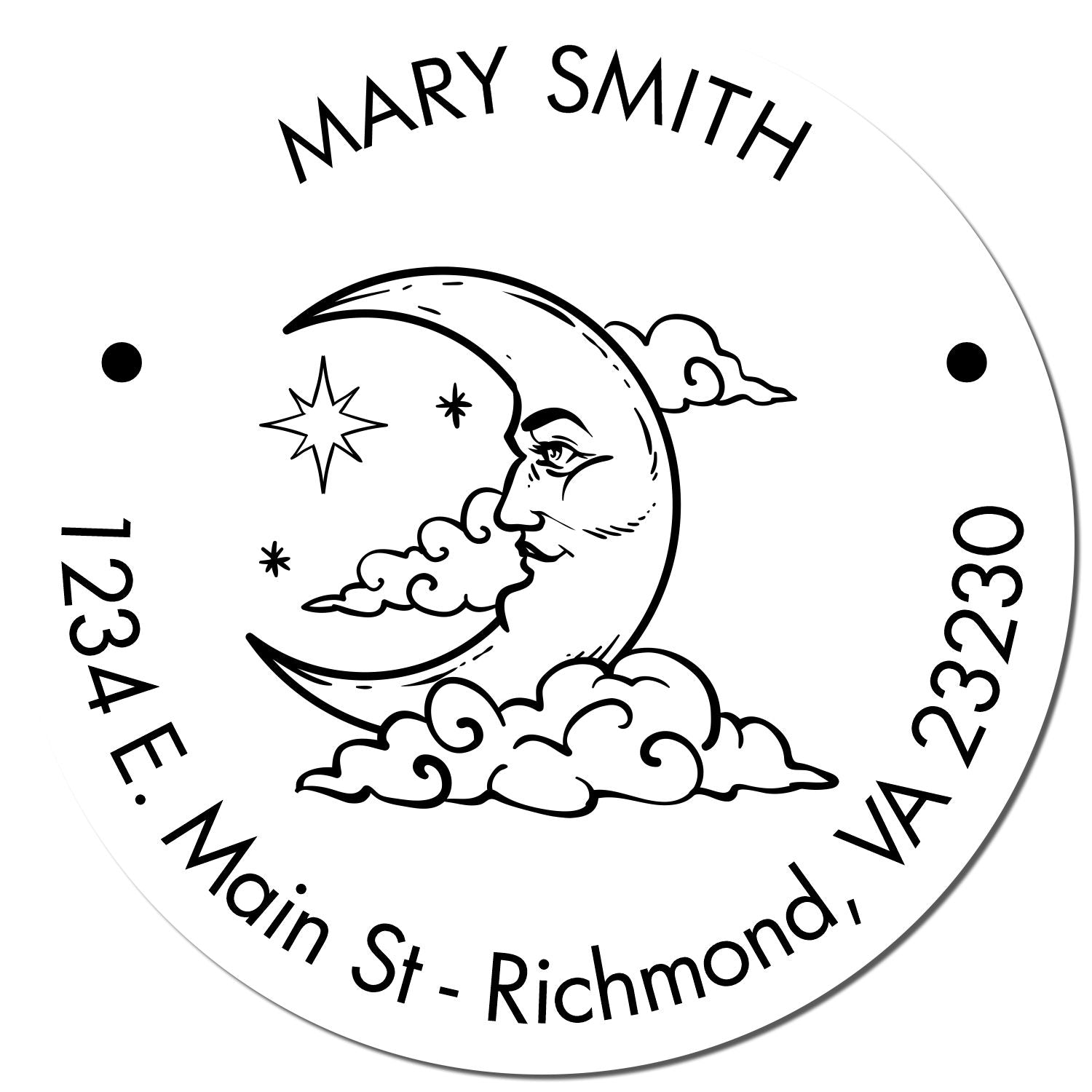 White round custom stamp seal with black moon-and-cloud design, Mary Smith, 1234 E. Main St., Richmond, VA 23230
