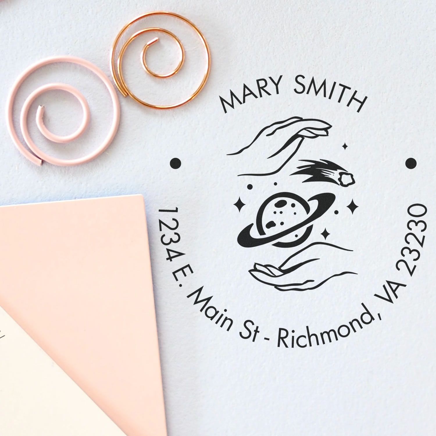 Wood Handle Otherworldly Planets Custom Made Name And Address Stamp - Engineer Seal Stamps