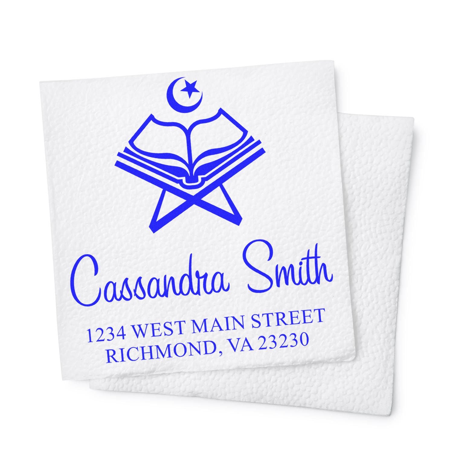 Blue custom stamp and seal for Cassandra Smith with crescent-star book logo on white textured card, address below.