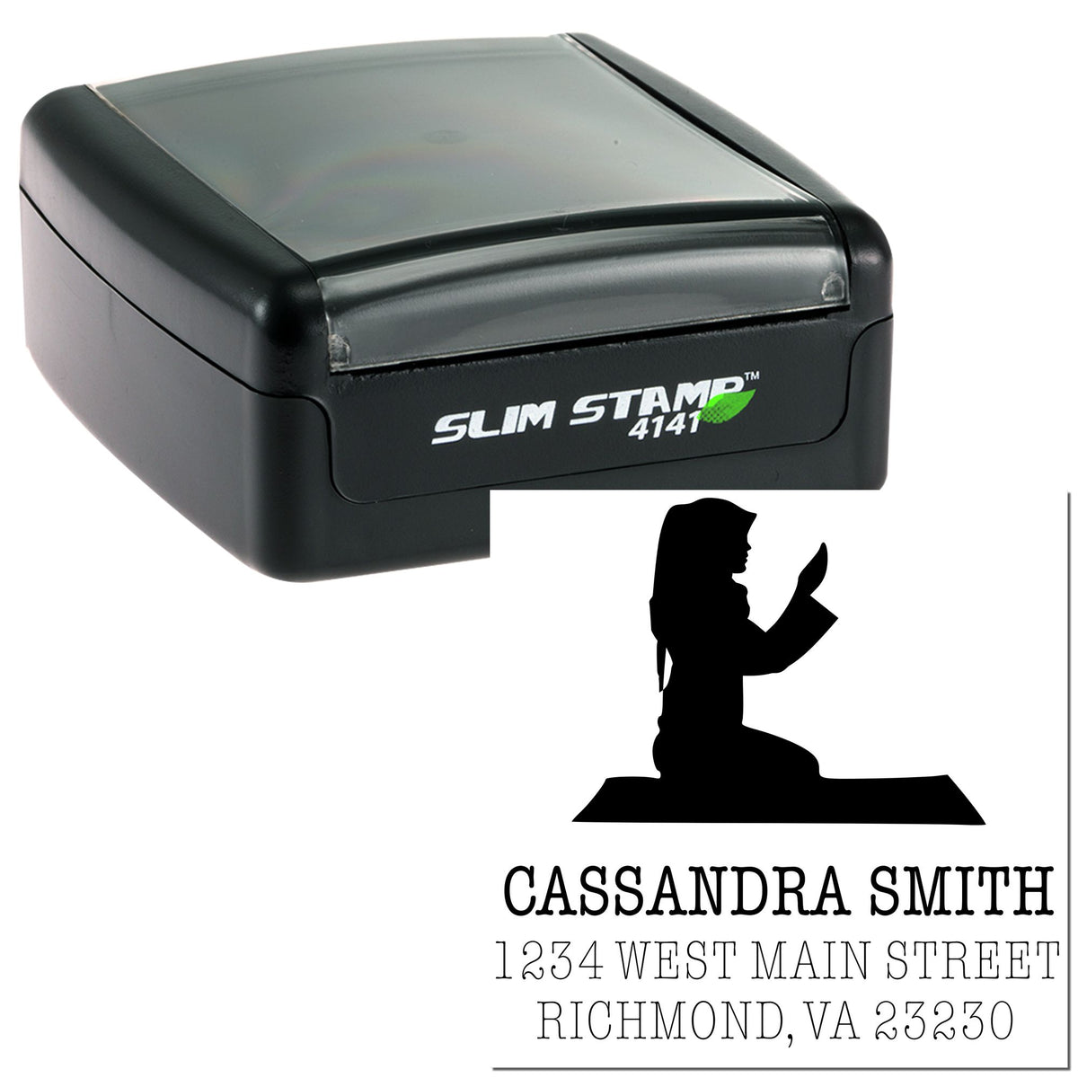 Black self-inking Slim Stamp 4141 and custom return address stamp with silhouette, Cassandra Smith name and Richmond, VA address