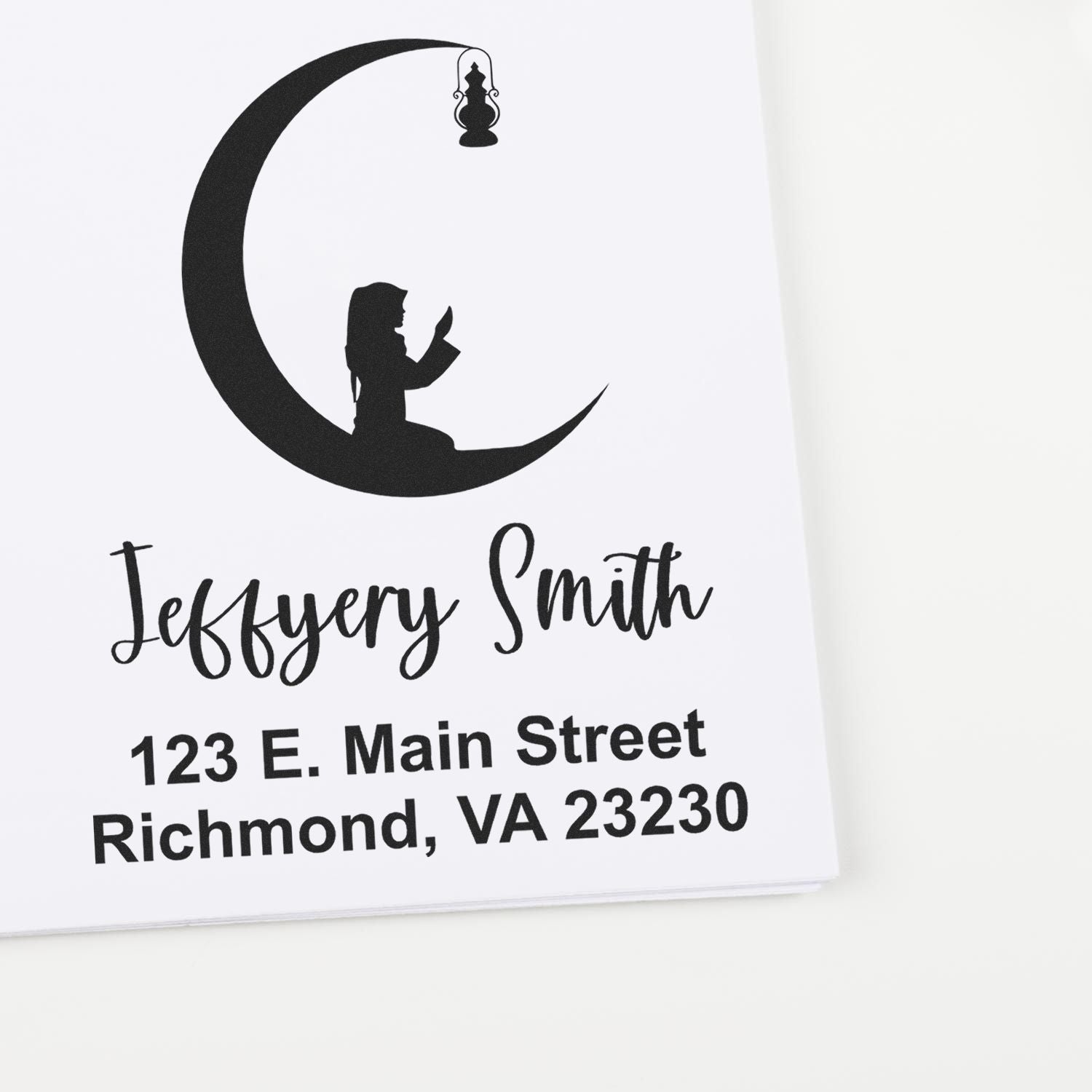 Black custom stamp seal with crescent moon and girl silhouette, Jeffrey Smith name, and Richmond, VA address on white background.