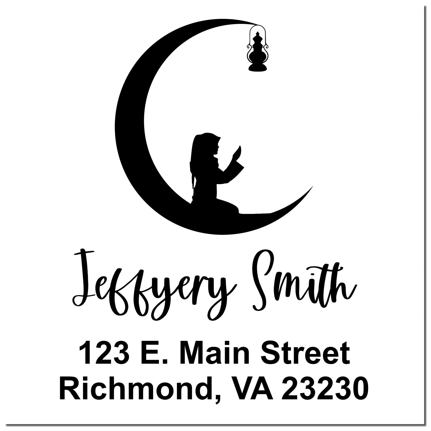 Black custom stamp seal with crescent moon, praying woman silhouette, lantern, and Jeffrey Smith address text on white background.