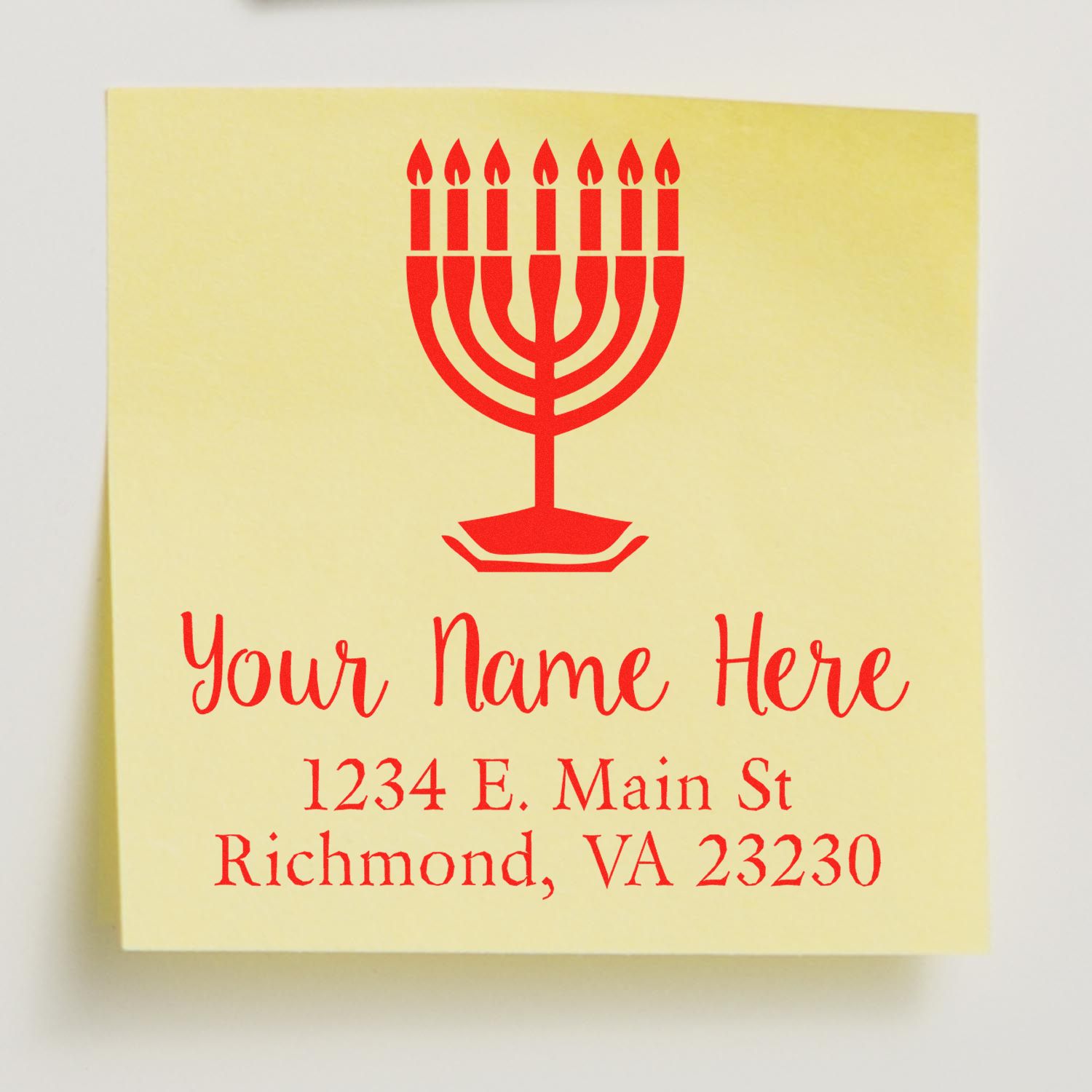 Yellow custom stamp and seal design with red menorah and personalized name and Richmond, VA address.