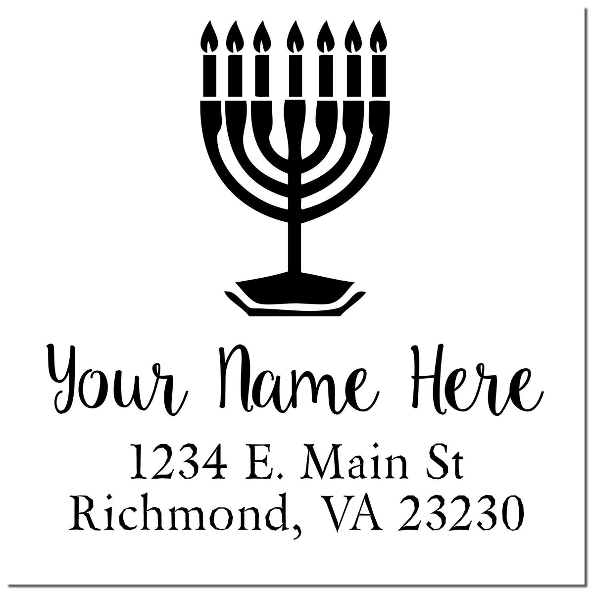 Black menorah custom rubber stamp and seal with Your Name Here and Richmond, VA address