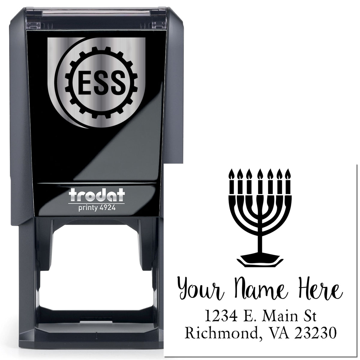 Black self-inking stamp and seal set with silver ESS logo and white personalized menorah design with name and address.