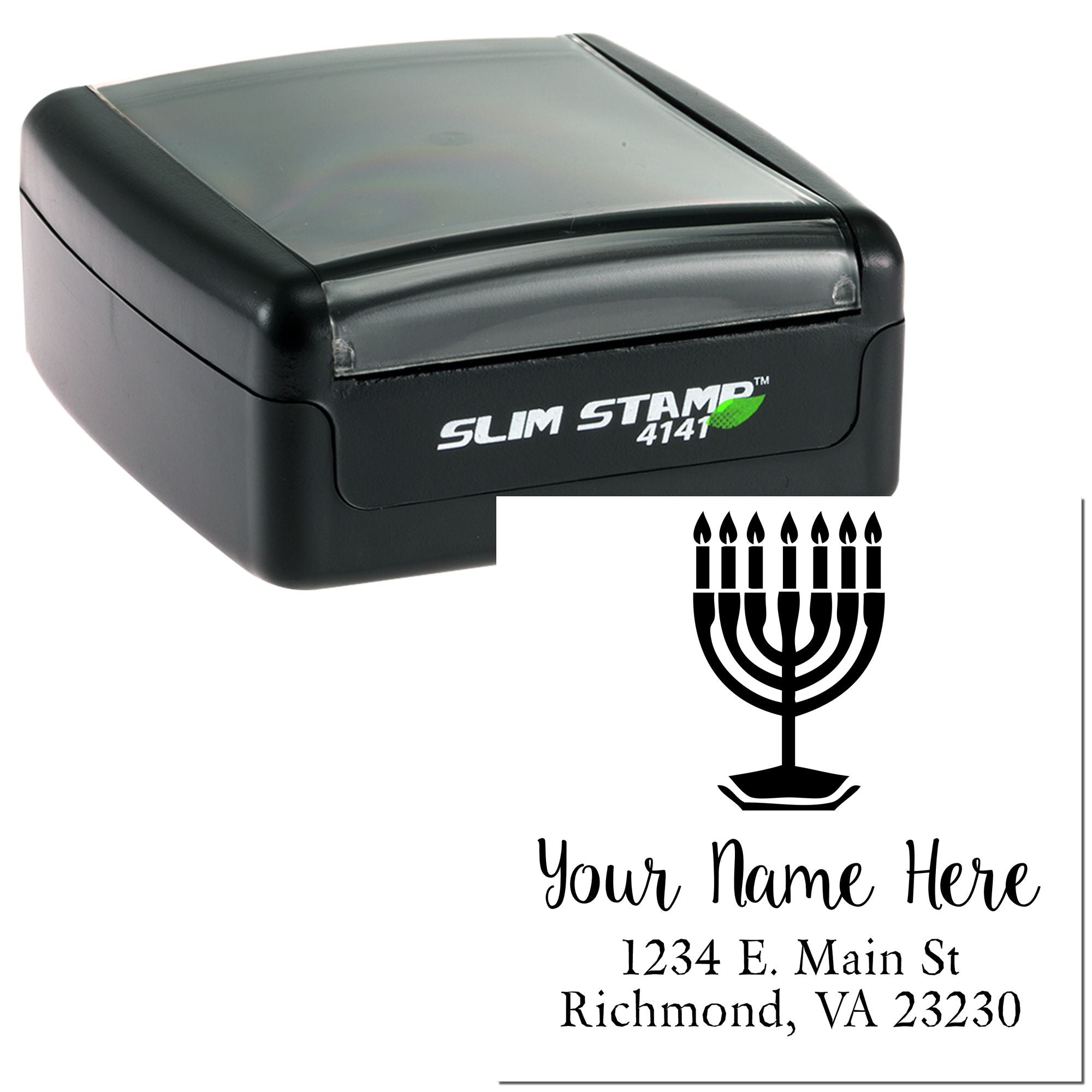 Black Slim Stamp 4141 self-inking stamp with green accent, menorah seal, and custom name-and-address imprint.