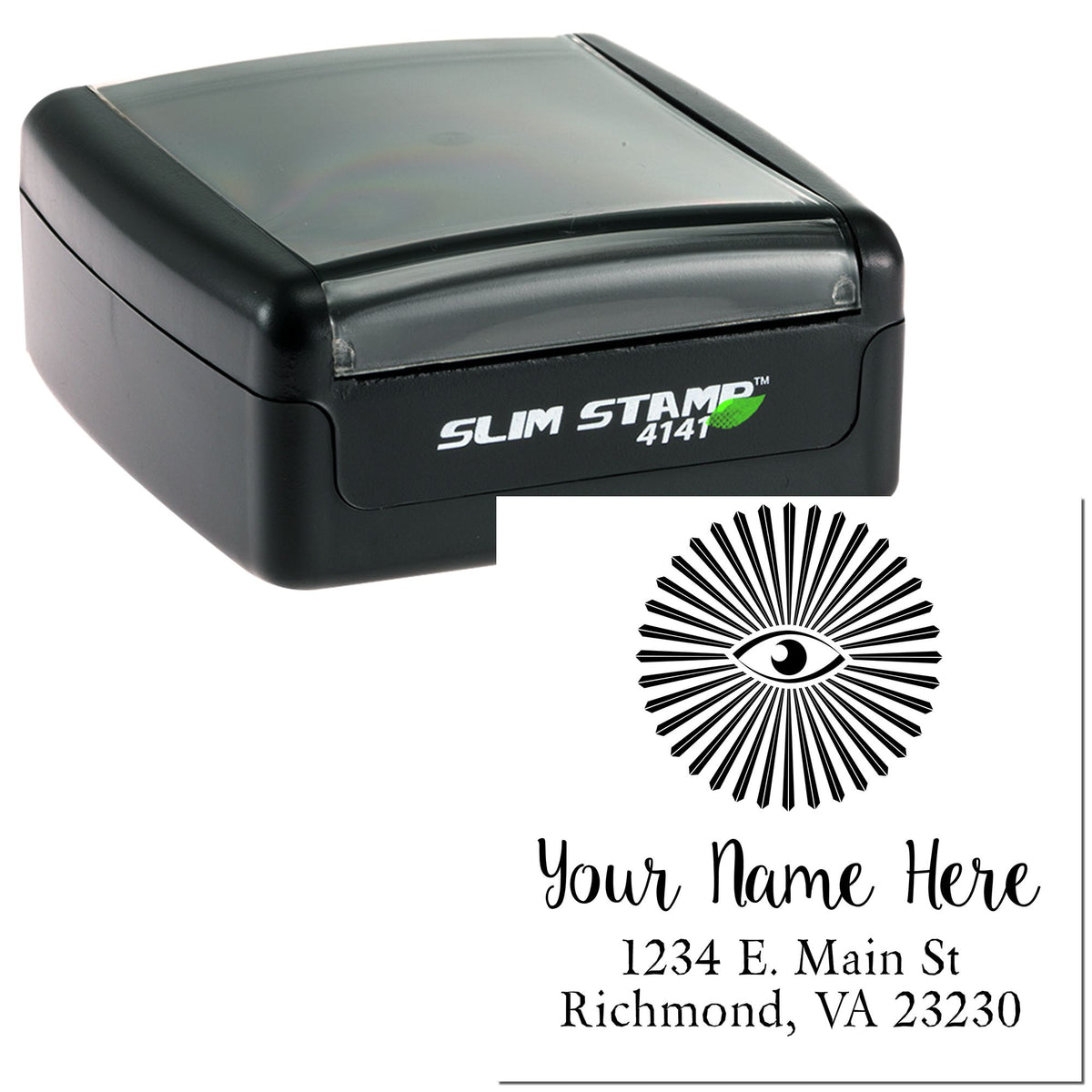 Black self-inking Slim Stamp 4141 seal with eye logo and custom name-and-address imprint