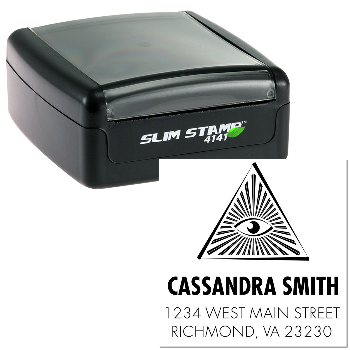 Black Slim Stamp 4141 with custom seal design, featuring a triangle eye logo and bold address text in black on white.