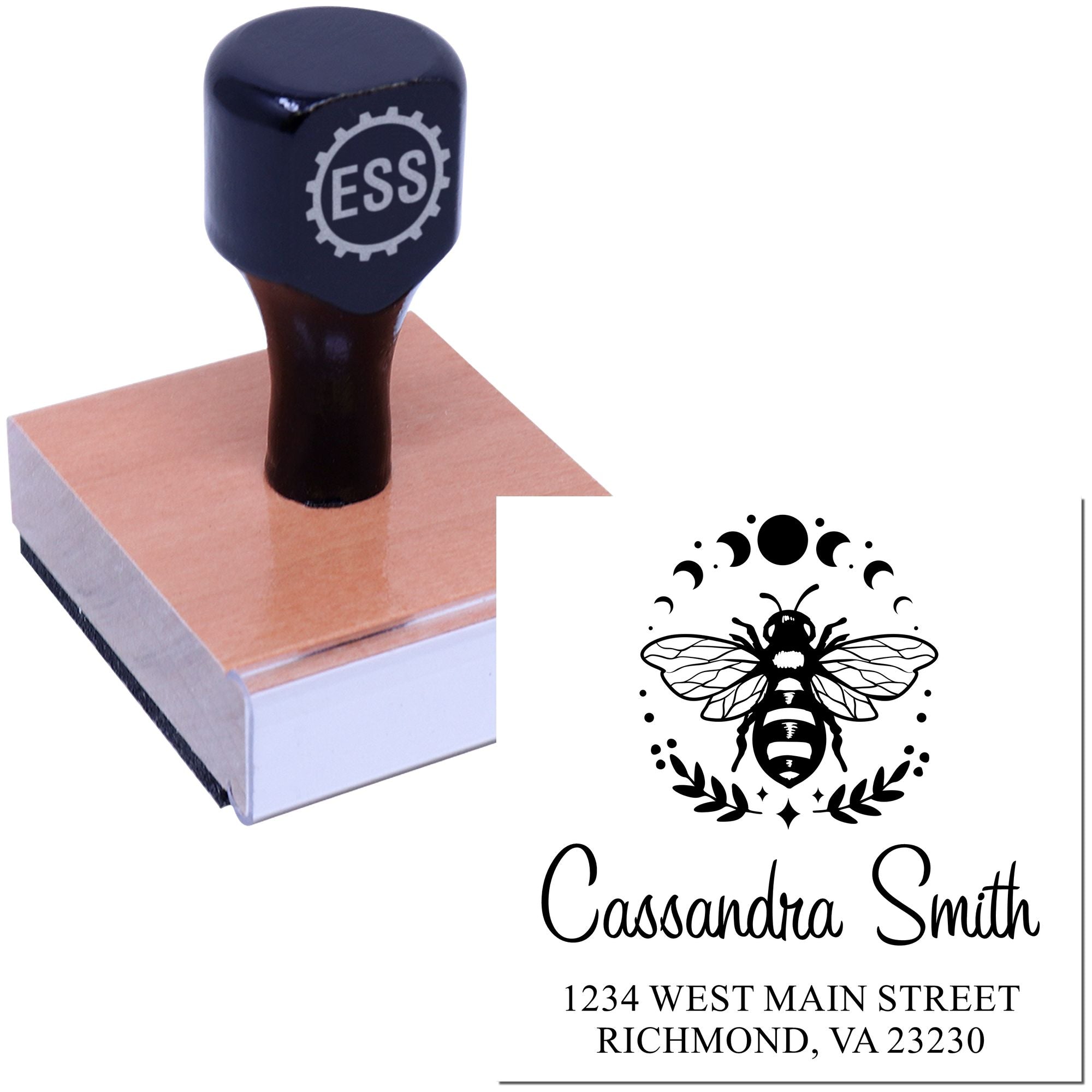 Black ESS rubber stamp on wooden block with bee seal design, personalized name and address in black on white.