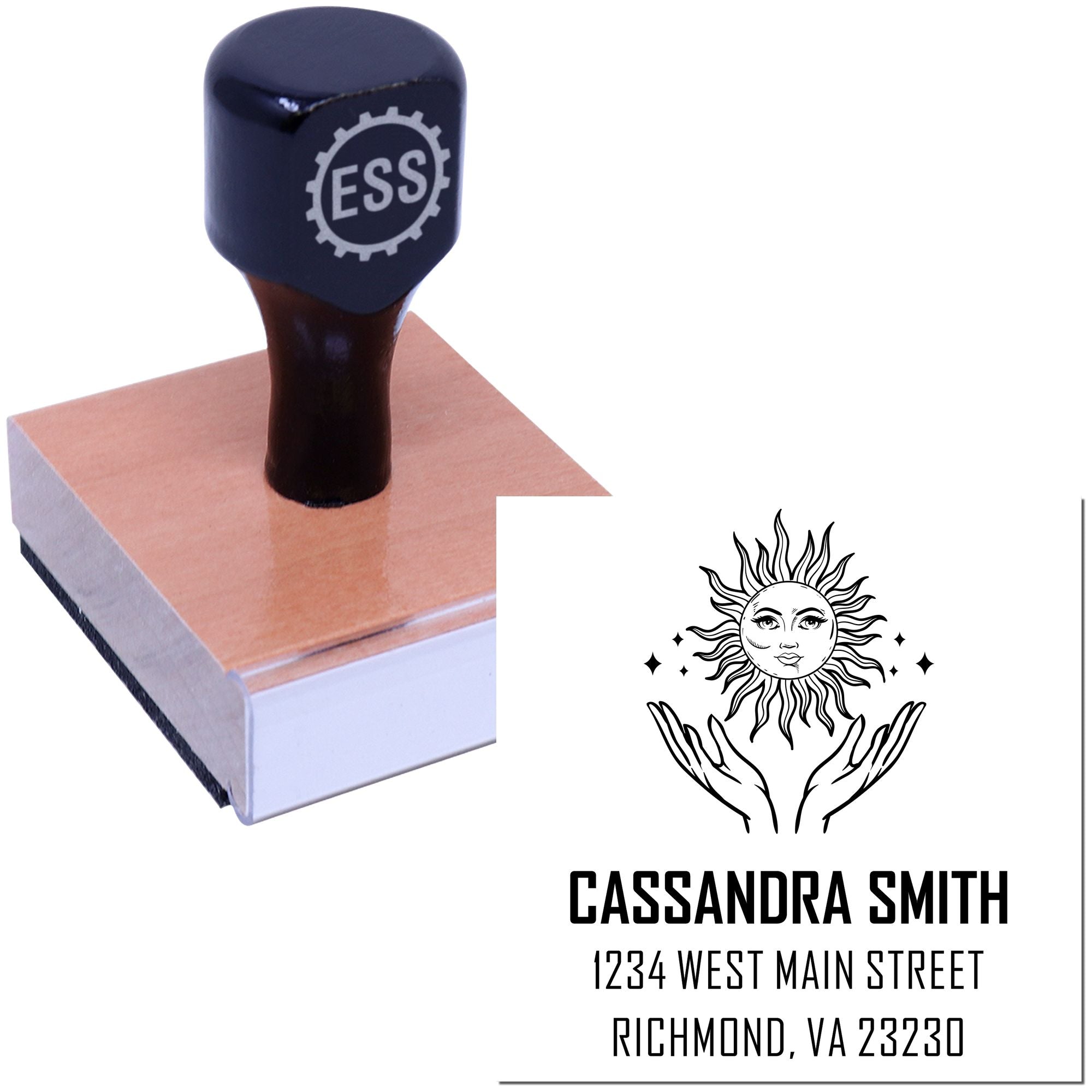 Black stamp on wooden block beside custom seal design with sun emblem, Cassandra Smith name, and address in black