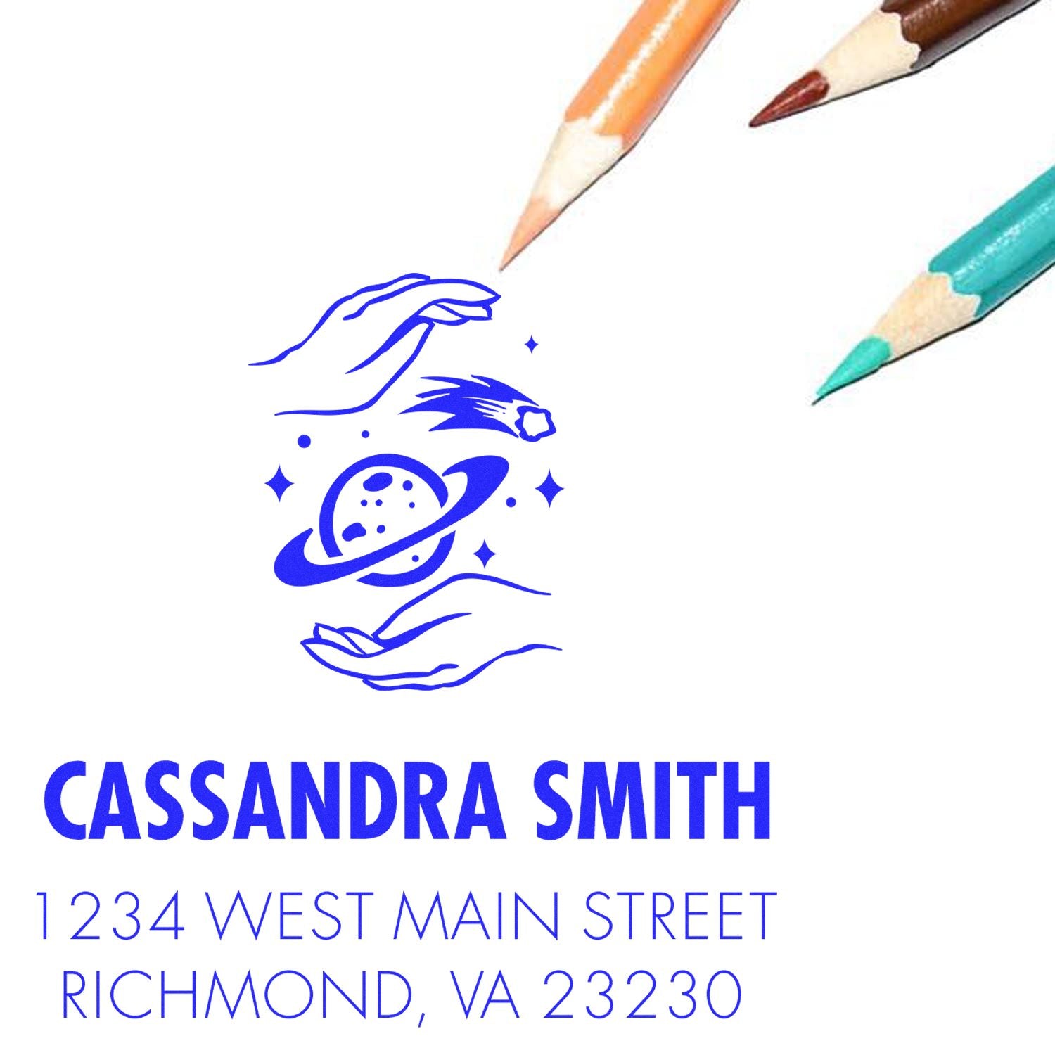 Blue custom stamp and seal with hands, planet and stars logo; Cassandra Smith, 1234 West Main Street, Richmond, VA 23230