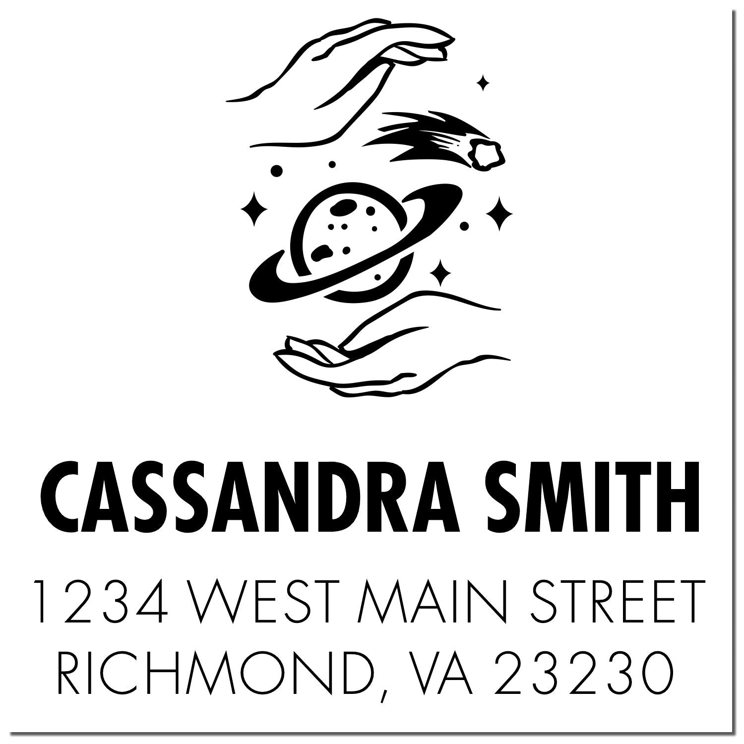 Black custom return address stamp seal with hands and planet icon, reading Cassandra Smith, 1234 West Main Street, Richmond, VA 23230.