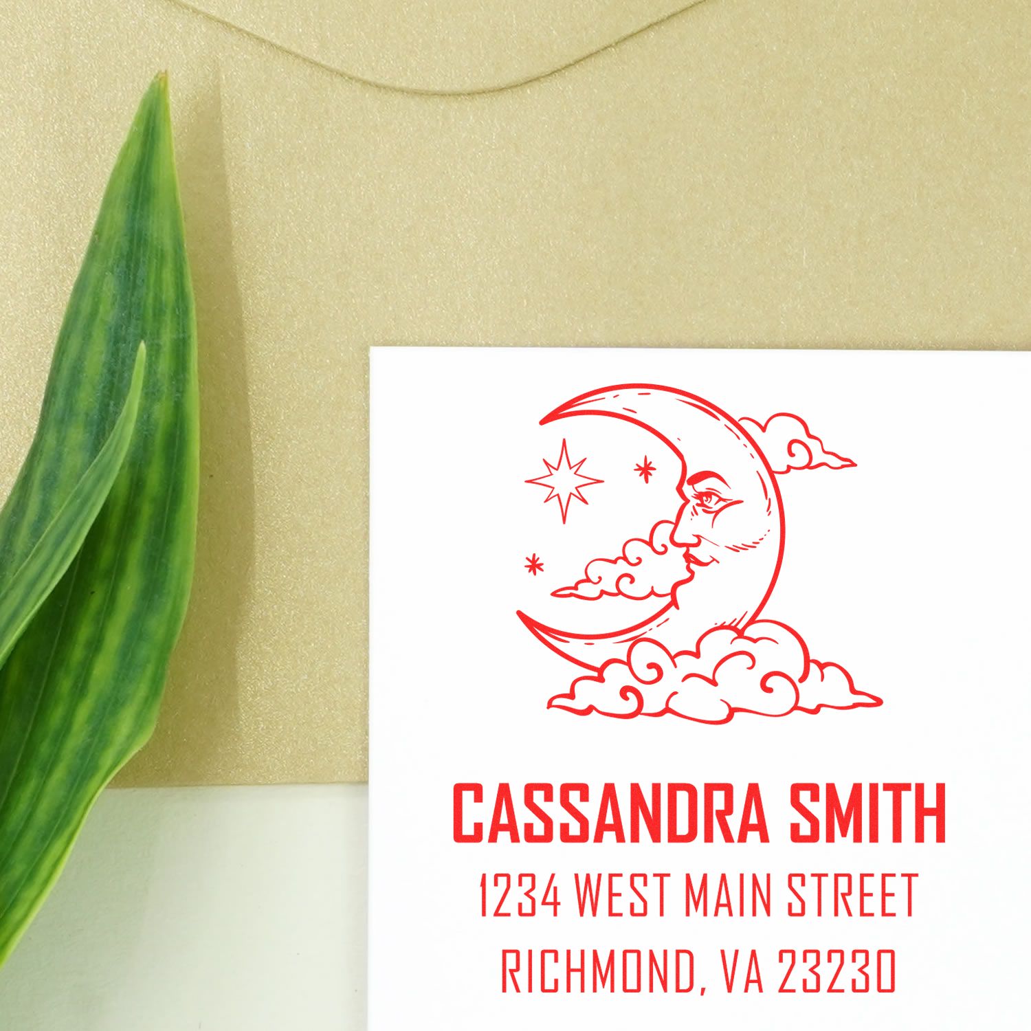 Custom red moon-and-cloud stamp seal for Cassandra Smith with Richmond, VA address on a white card beside a green leaf.