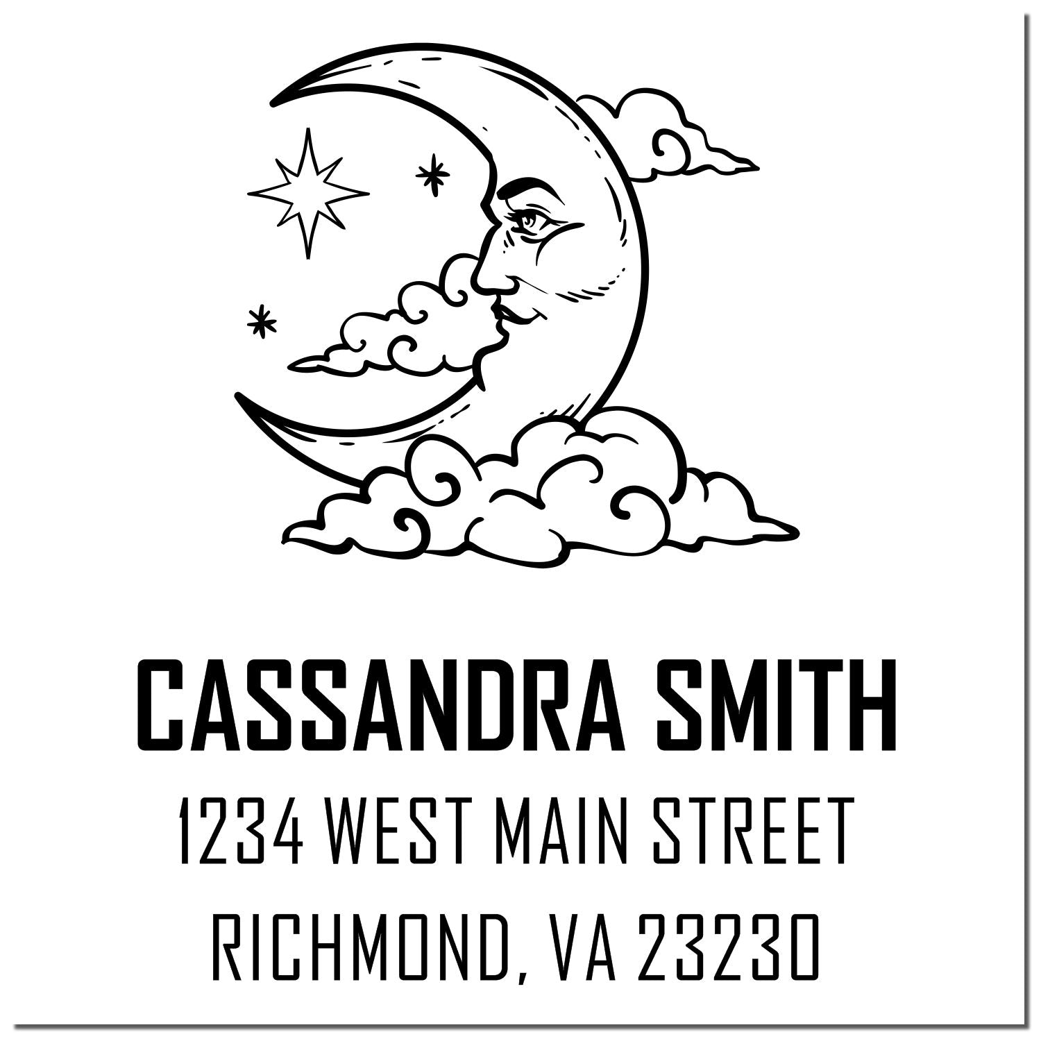 Black-and-white custom address stamp seal with crescent moon face, clouds and stars; Cassandra Smith, Richmond, VA 23230
