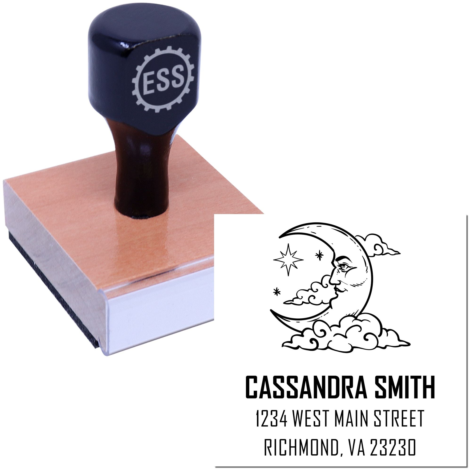 Black ESS rubber stamp on wood block beside custom moon-face seal for Cassandra Smith, with address text on white background.