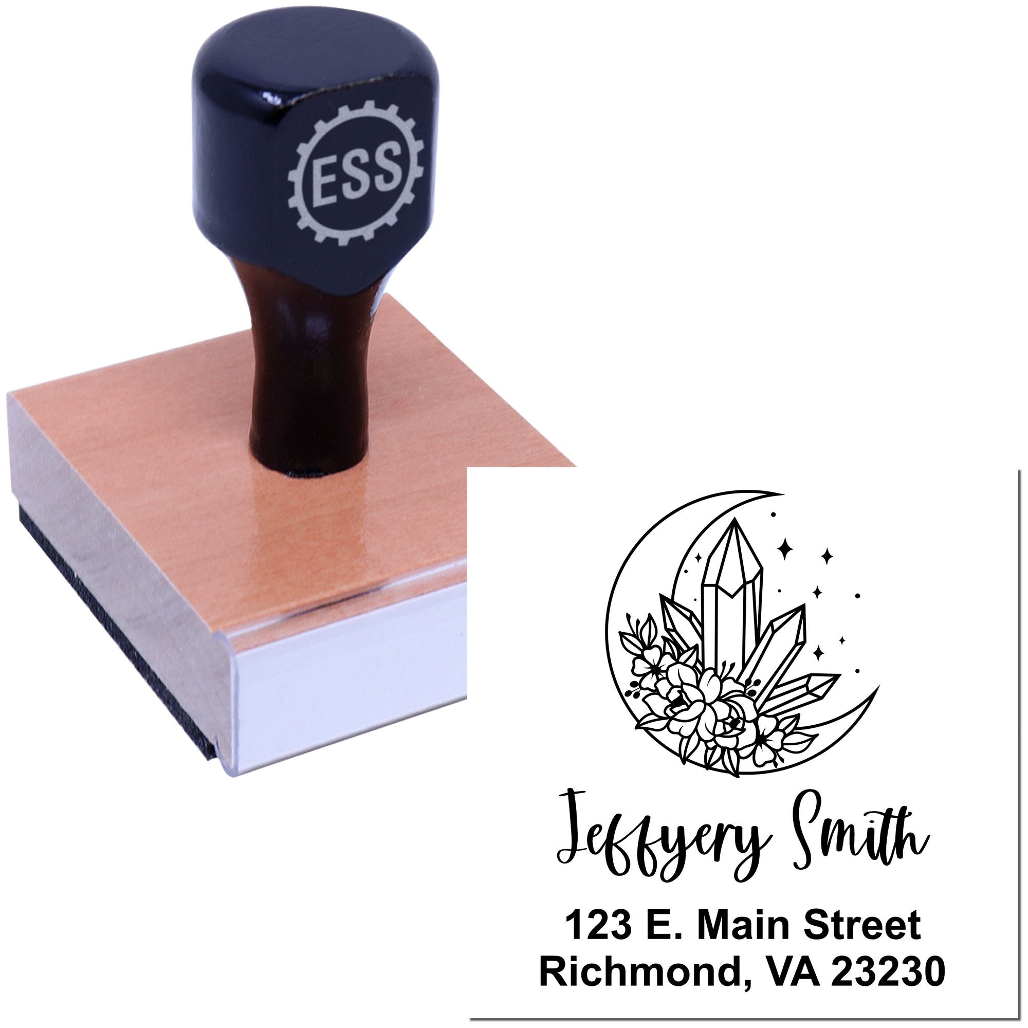 Black self-inking stamp and seal with ESS logo, floral crystal moon design, and Jefferson Smith address on white background.