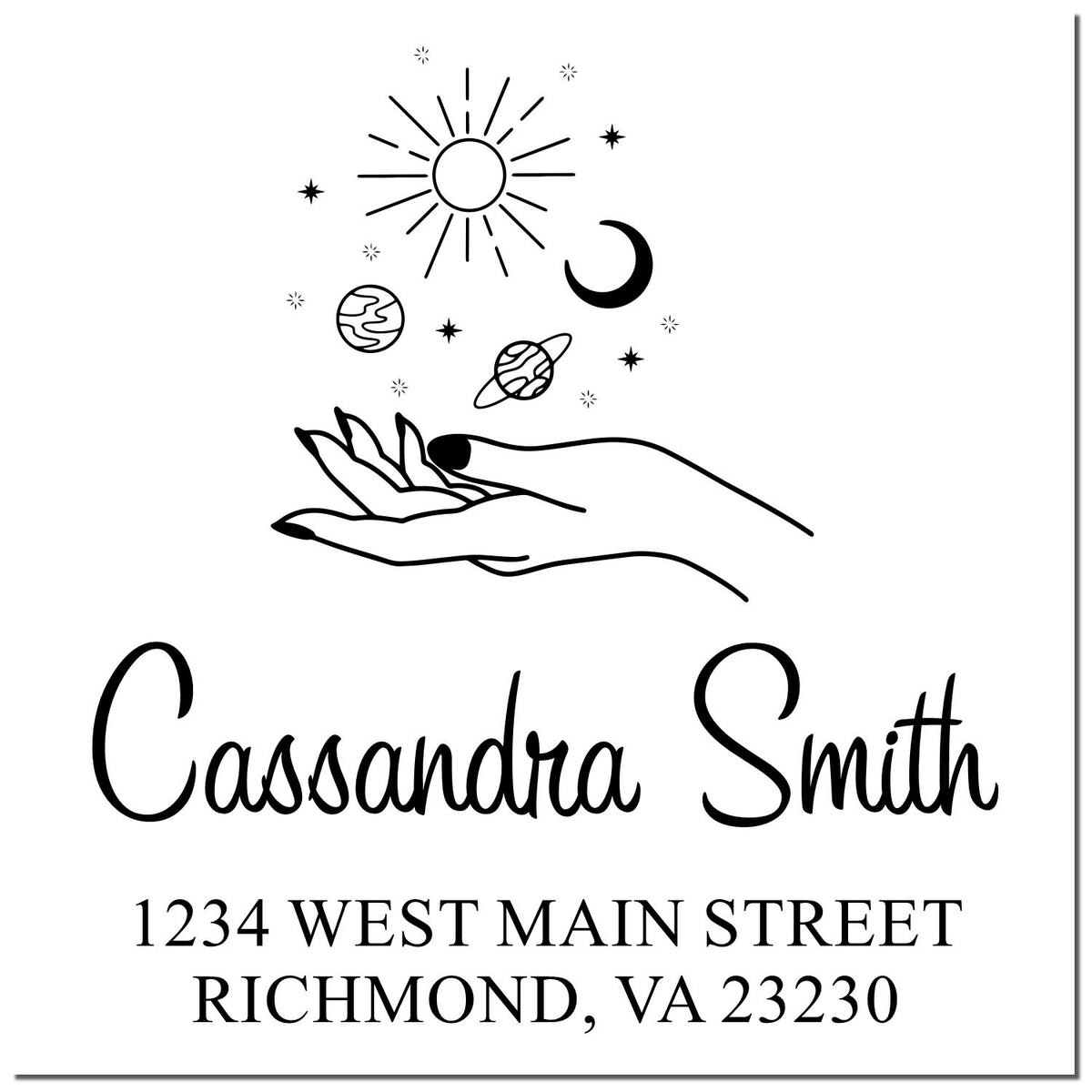 Personalized black return address stamp with celestial hand, sun, moon, planets and stars for Cassandra Smith, Richmond, VA.