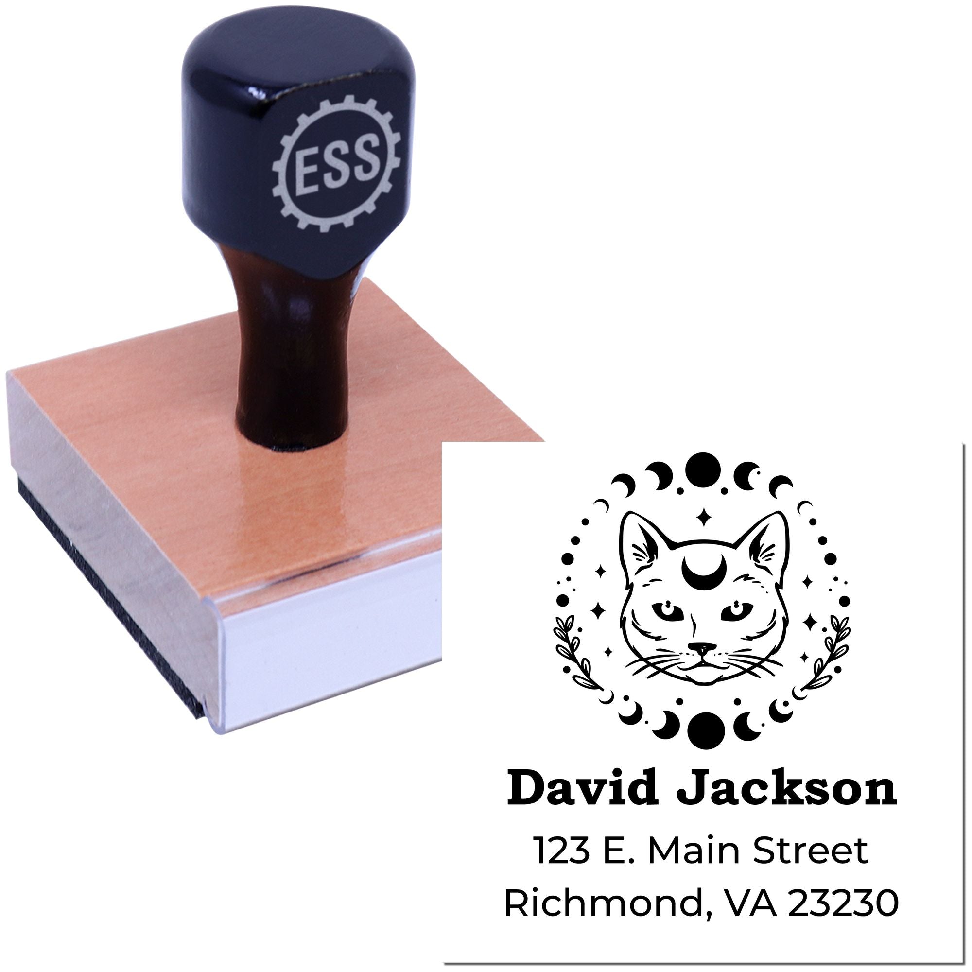 Black ESS rubber stamp with copper base and custom cat seal design, featuring David Jackson and Richmond, VA address.