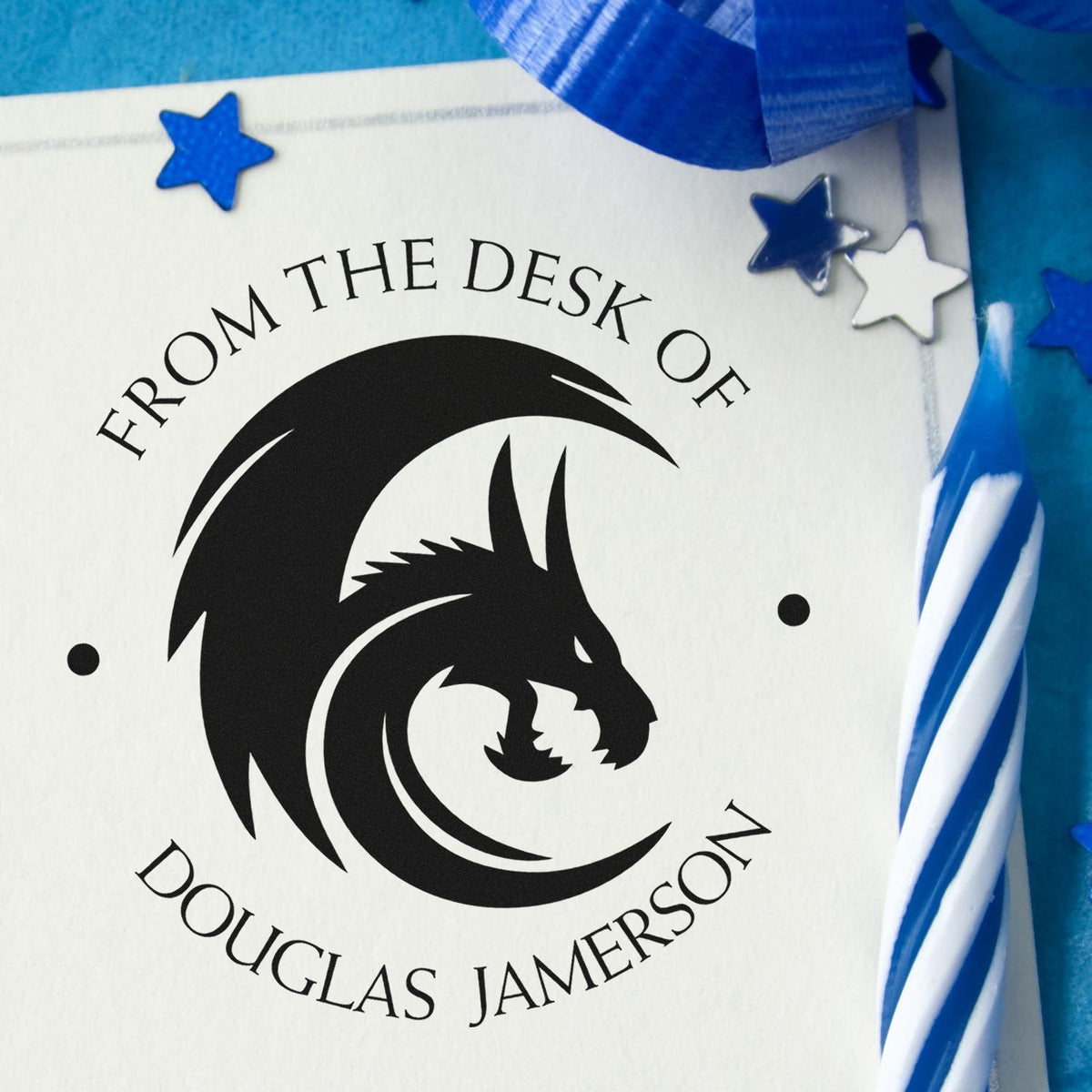 Blue and white custom stamp seal with black dragon logo, Douglas Jamerson text, and star accents.