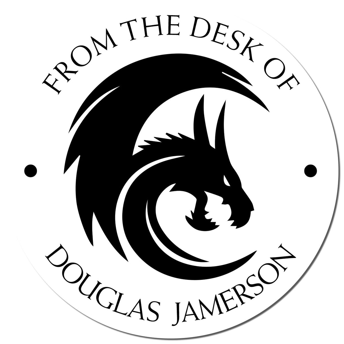 Circular black-and-white desk stamp seal with dragon logo and From the Desk of Douglas Jamerson text.