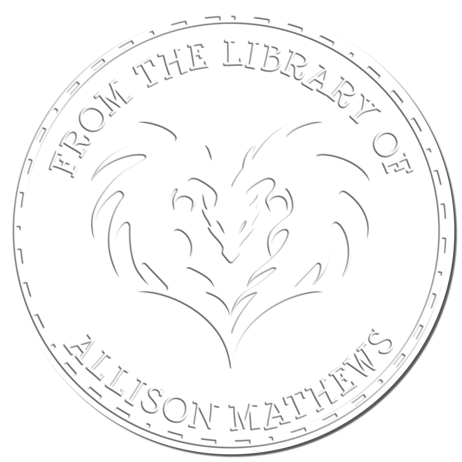 White embossed circular library stamp seal with lion crest and gray text reading "From the Library of H. Ellison Mathews"
