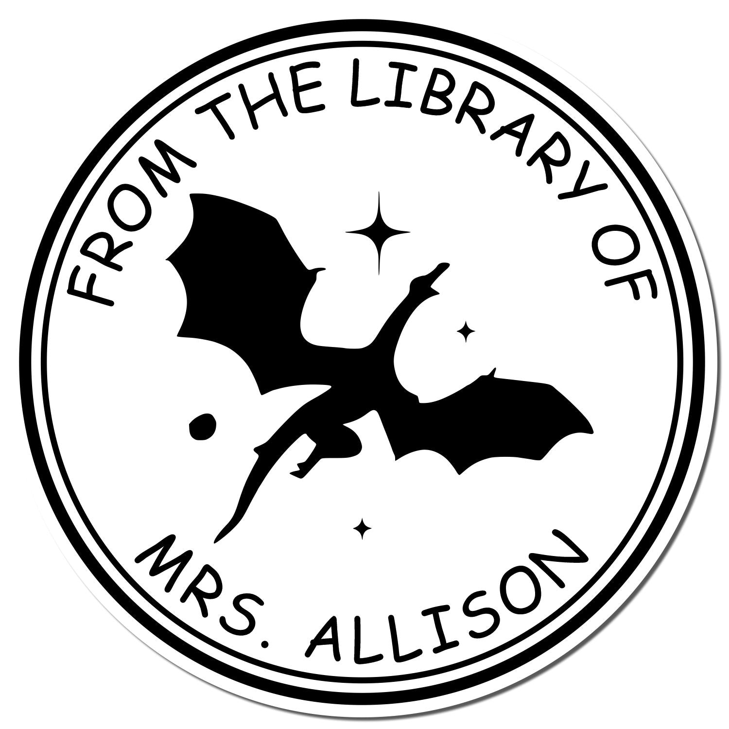 Black-and-white round library stamp seal with bat silhouette and sparkles, reading From the Library of Mrs. Allison