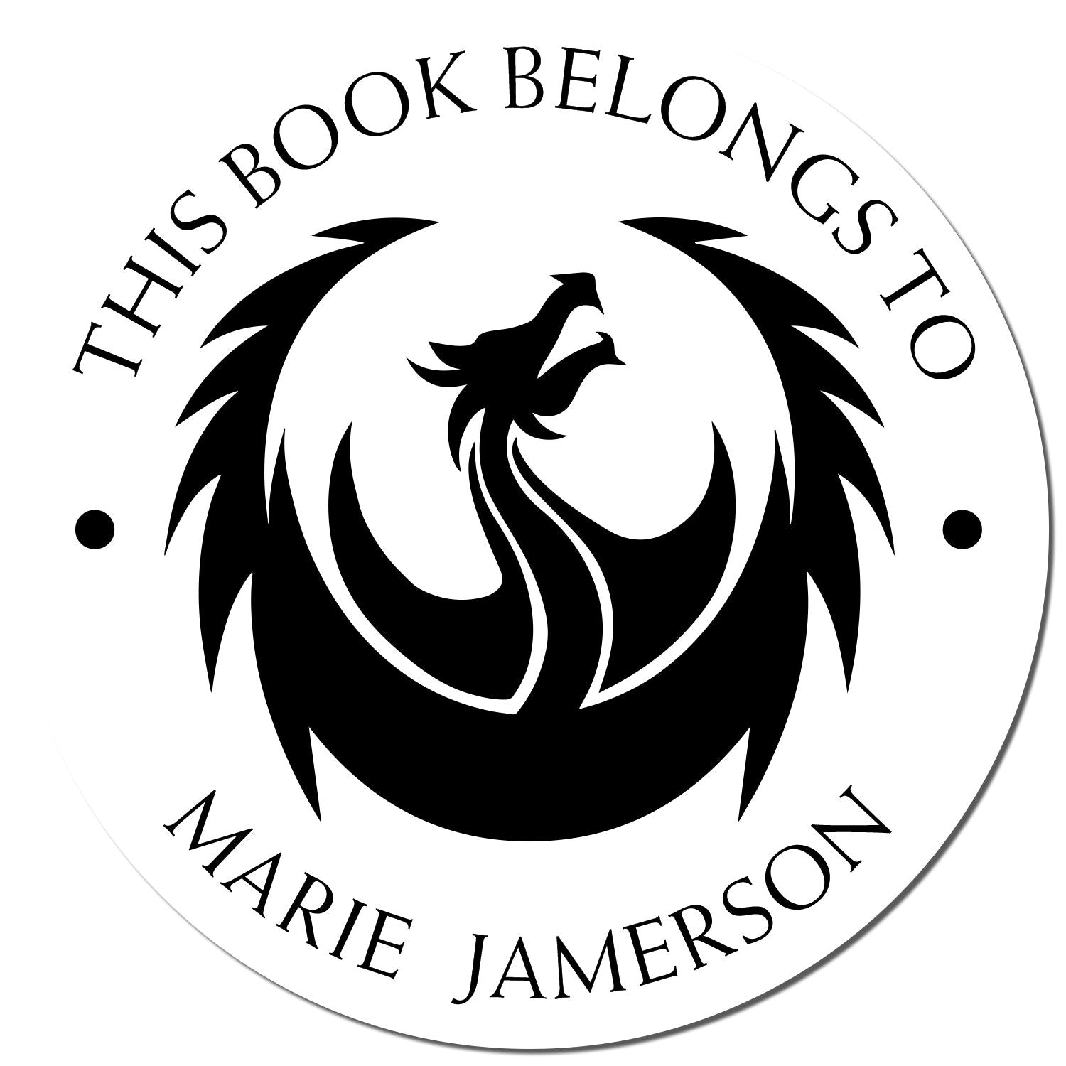 Round black-and-white book stamp seal with phoenix emblem and text This book belongs to Marie Jamerson