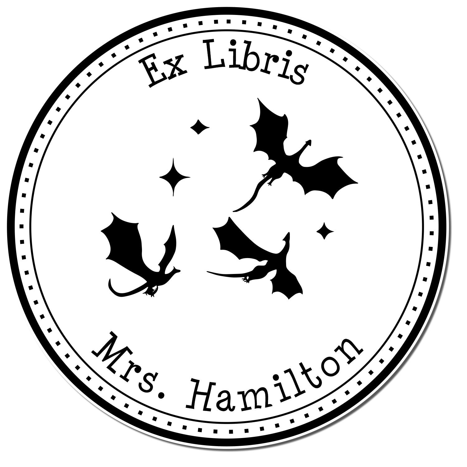Black-and-white circular ex libris stamp seal with three bats, stars, and the name Mrs. Hamilton around the border.