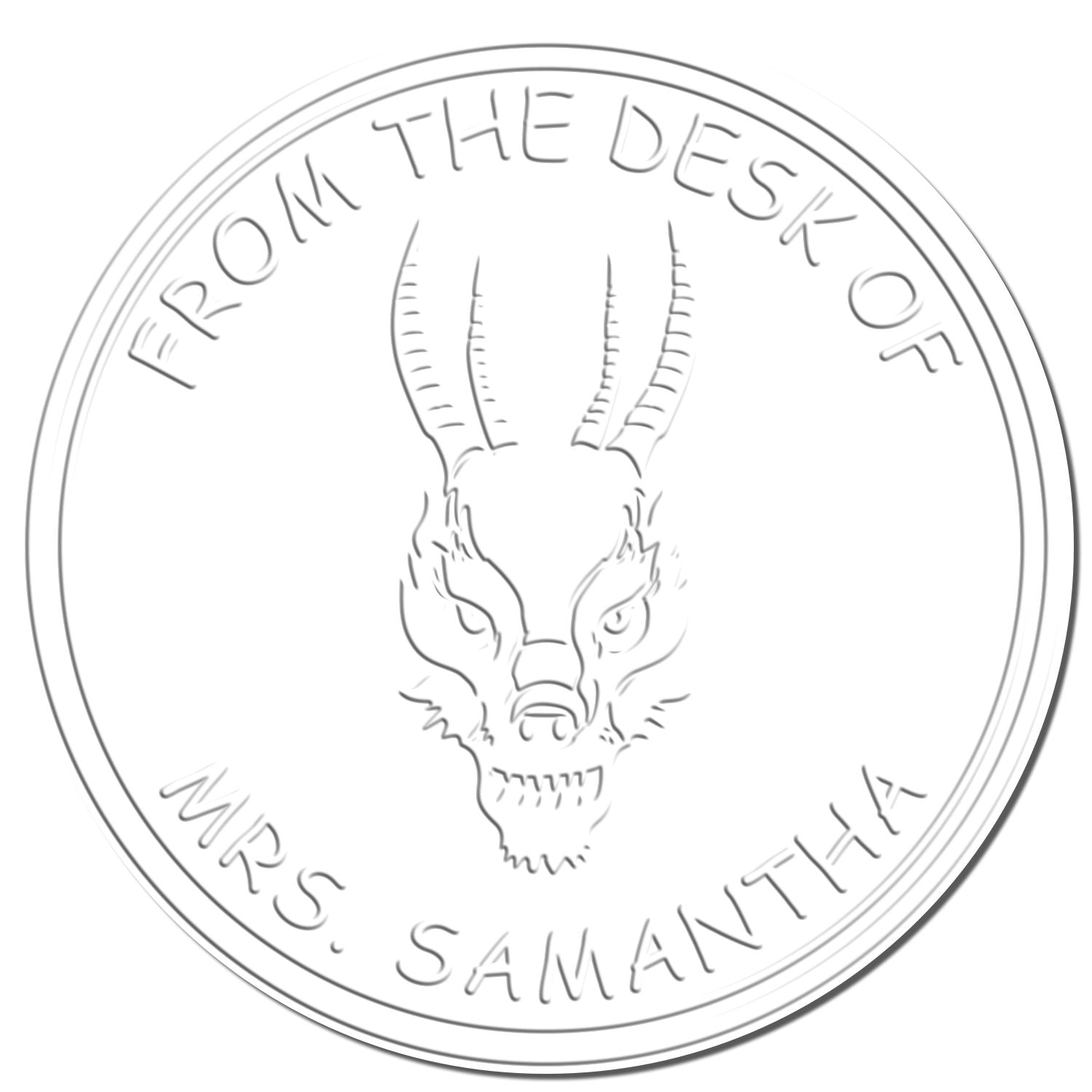 White circular stamp seal with a gray horned goat skull and text From the Desk of Mrs. Samantha.