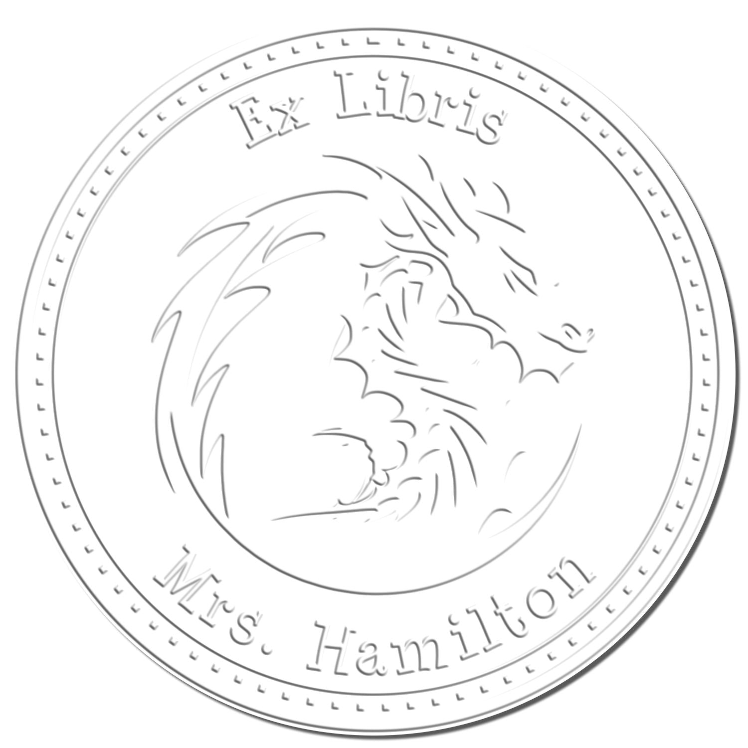 Silver embossed circular Ex Libris stamp seal with dragon design and Mr. Hamilton text on white background