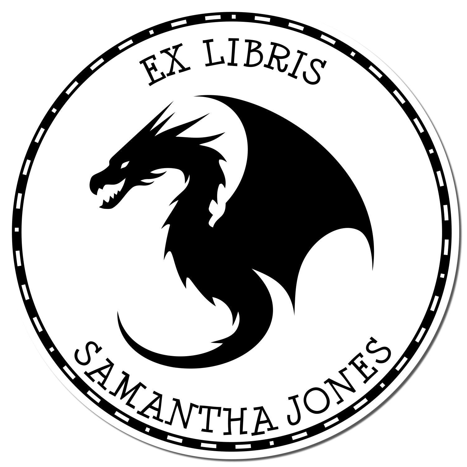 Black-and-white circular ex libris stamp seal with dragon silhouette and Samantha Jones text, bold decorative border