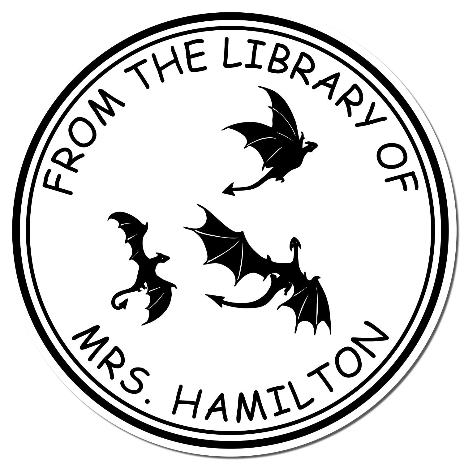 Black circular library stamp seal with three flying dragons and text From the Library of Mrs. Hamilton.
