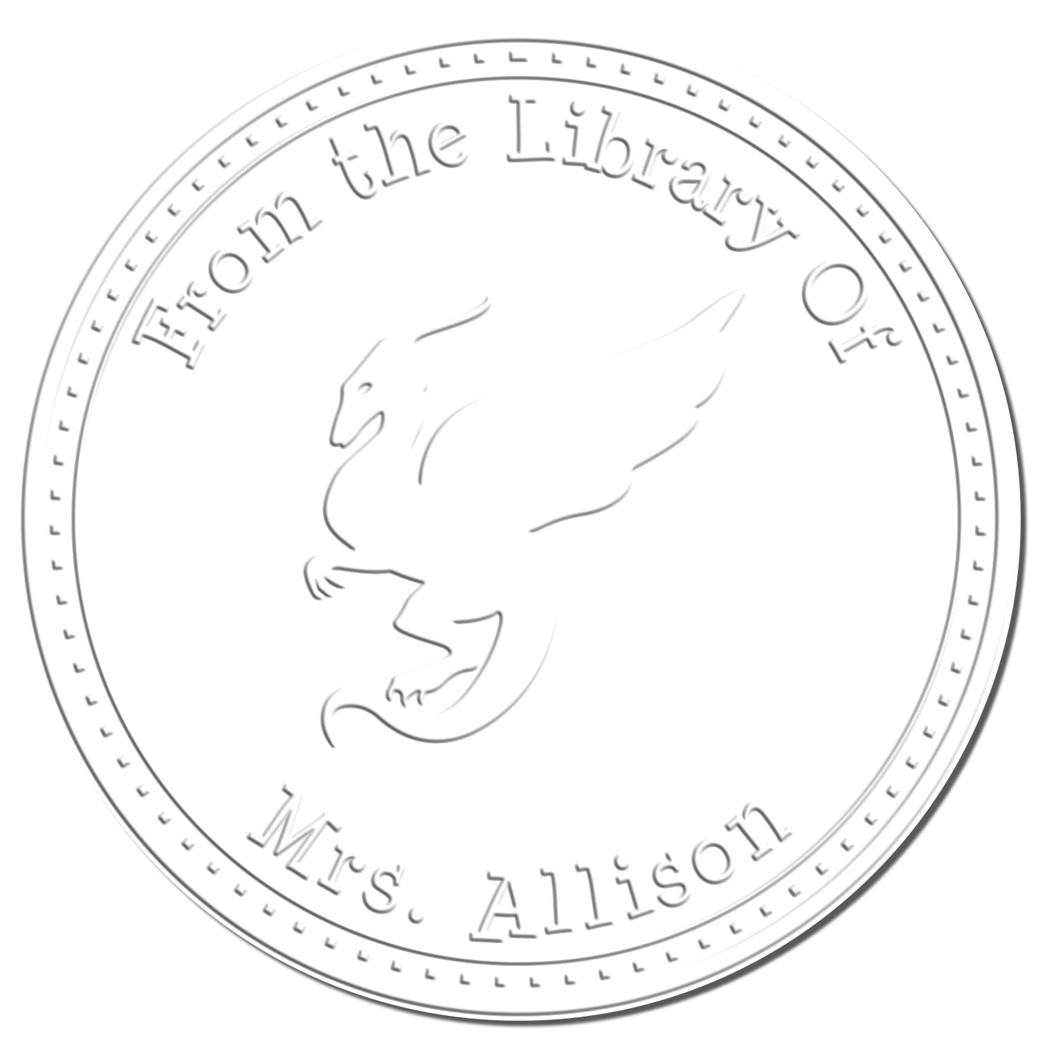 Circular white embossed library stamp seal with gray text, winged squirrel emblem, and the words From the Library of Mrs. Allison.