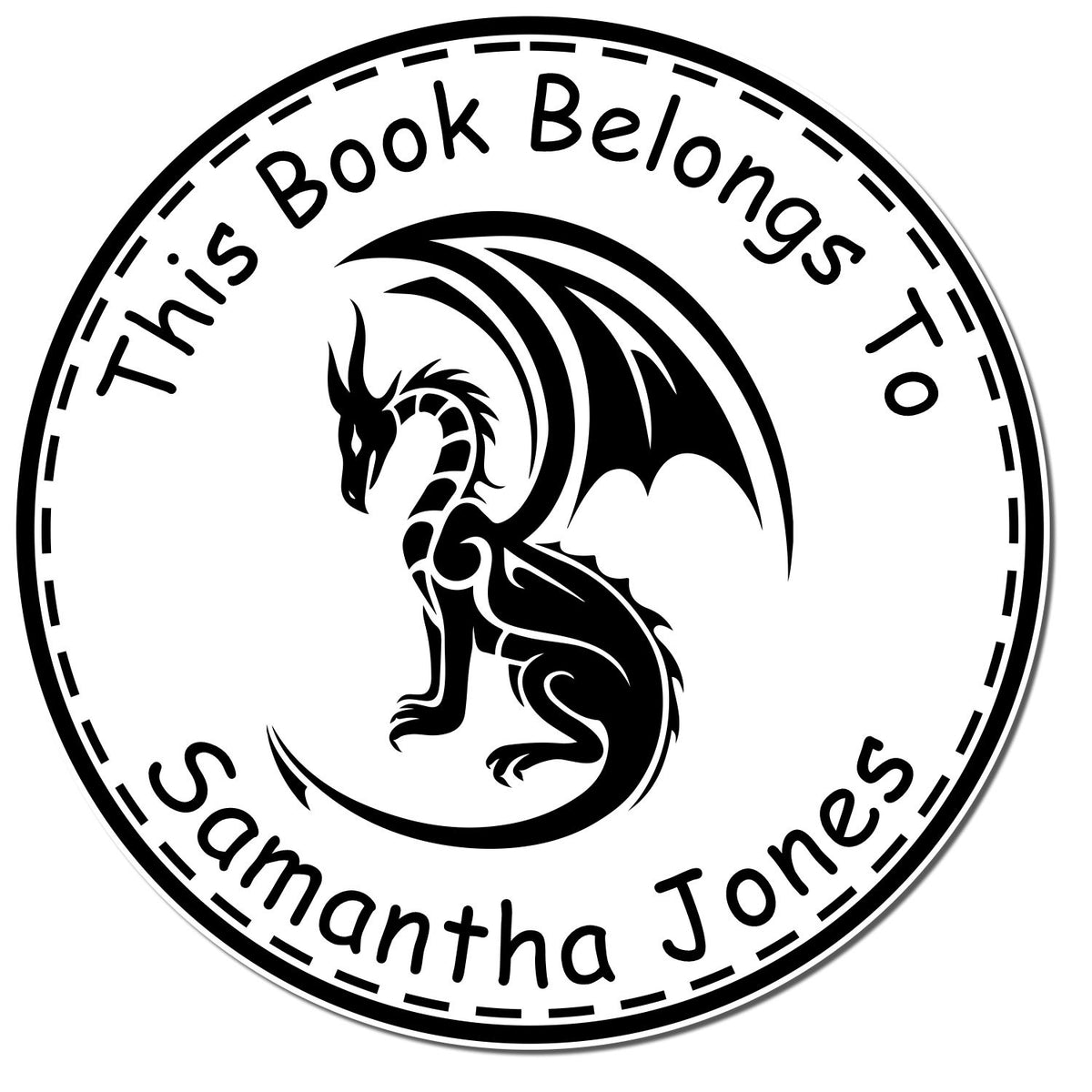 Black circular bookplate stamp/seal with dragon emblem and This Book Belongs To Samantha Jones text.