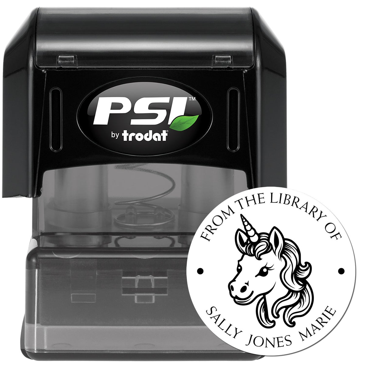 Black PSI by Trodat self-inking stamp with clear case and white unicorn library seal.
