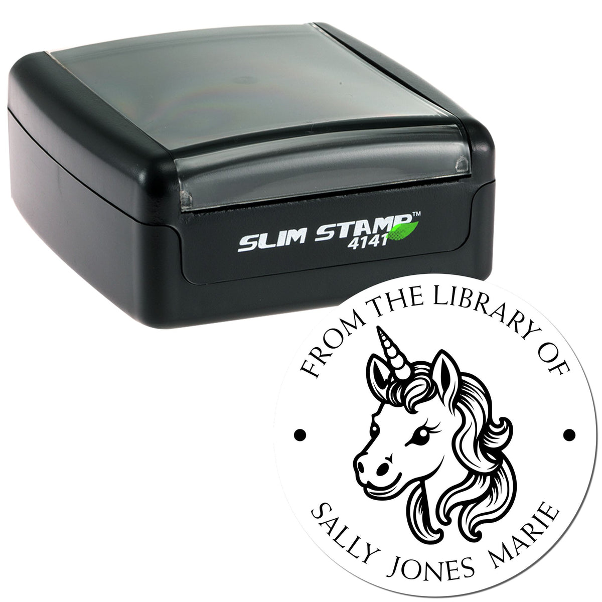 Black Slim Stamp self-inking seal with round white unicorn library design and From the Library of Sally Jones text.