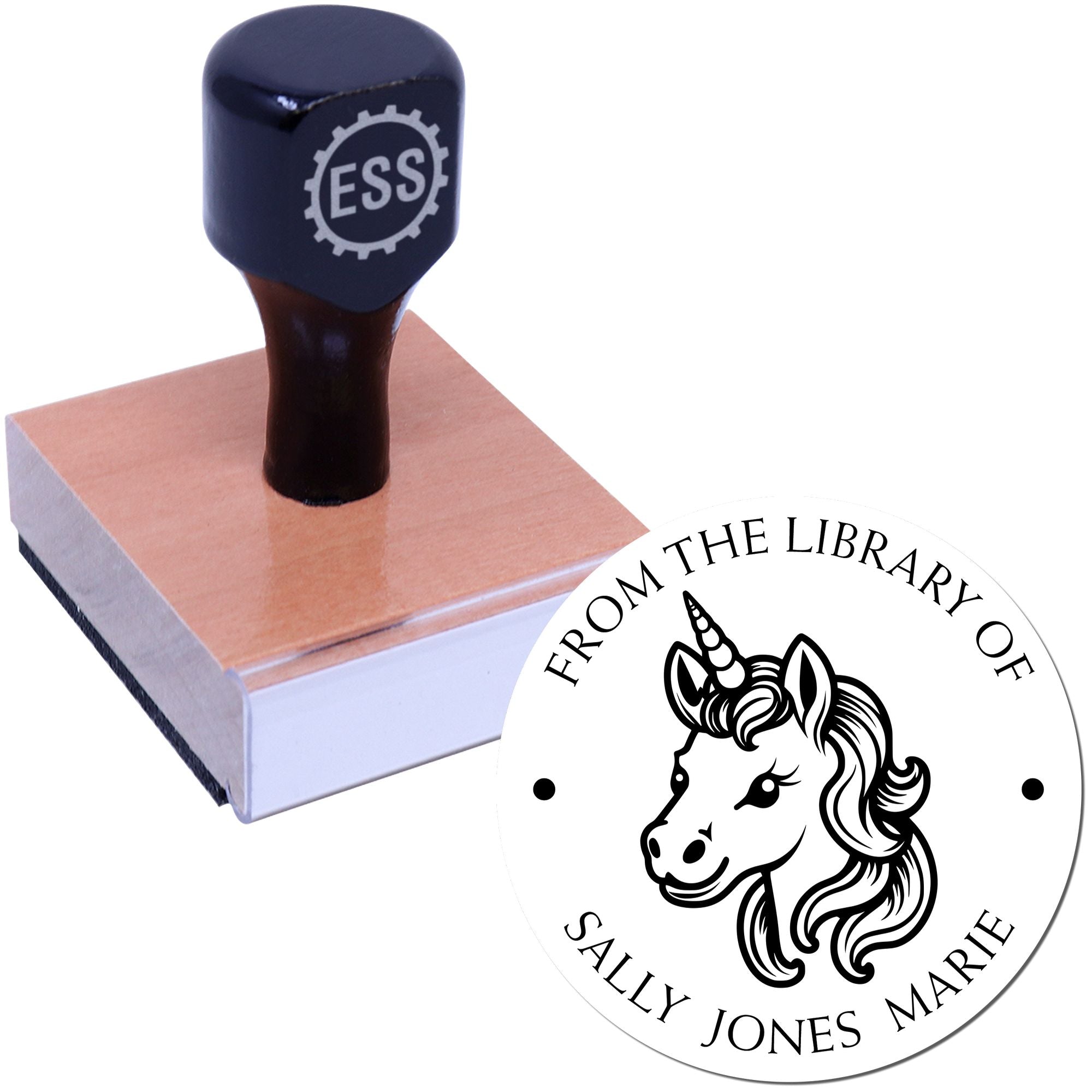 Wood Handle Sparklehoof Unicorn Customizable Library Book With Name Stamp - Engineer Seal Stamps